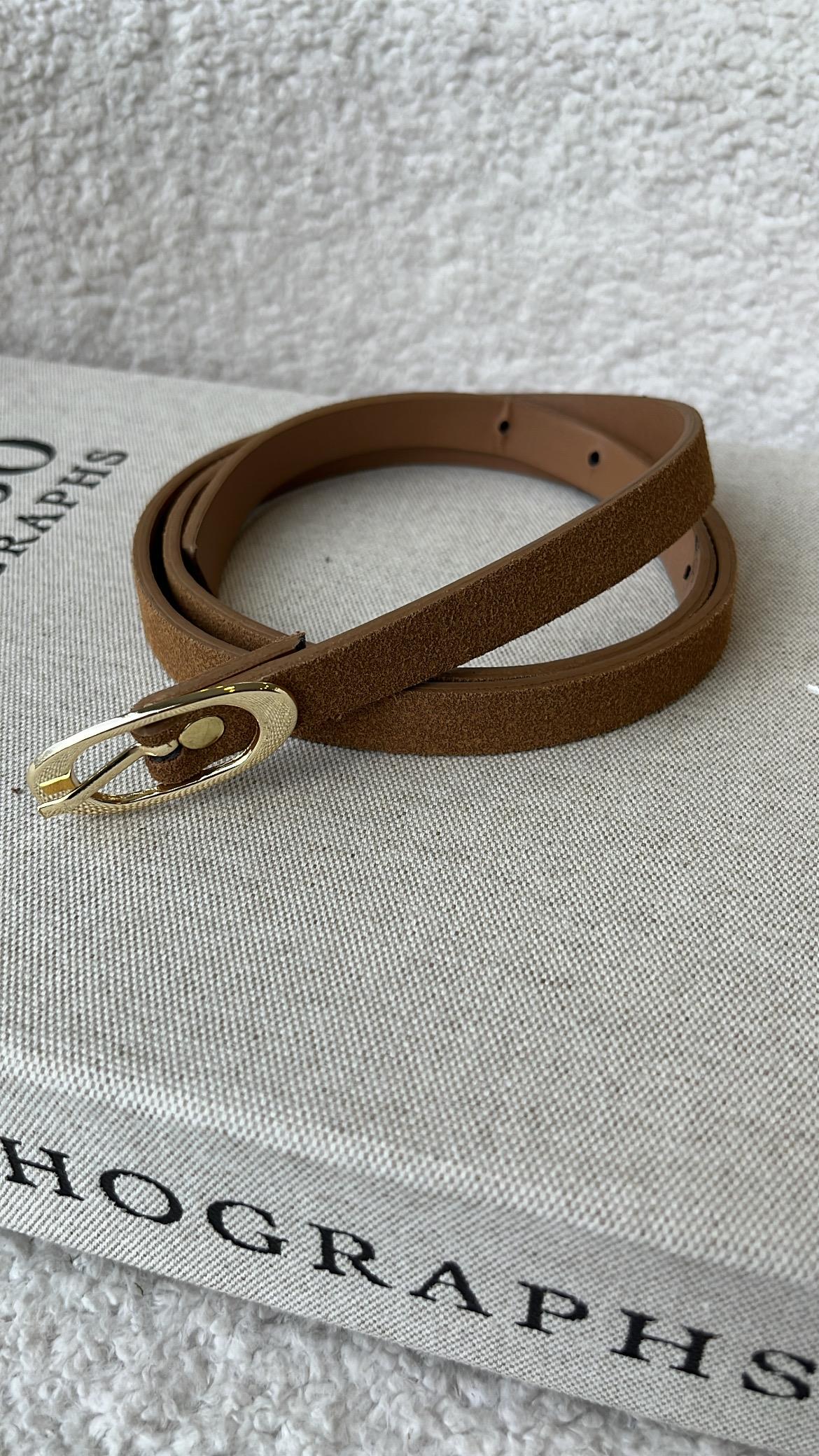 Camel Süet Görünümlü Oval Tokalı İnce Kemer