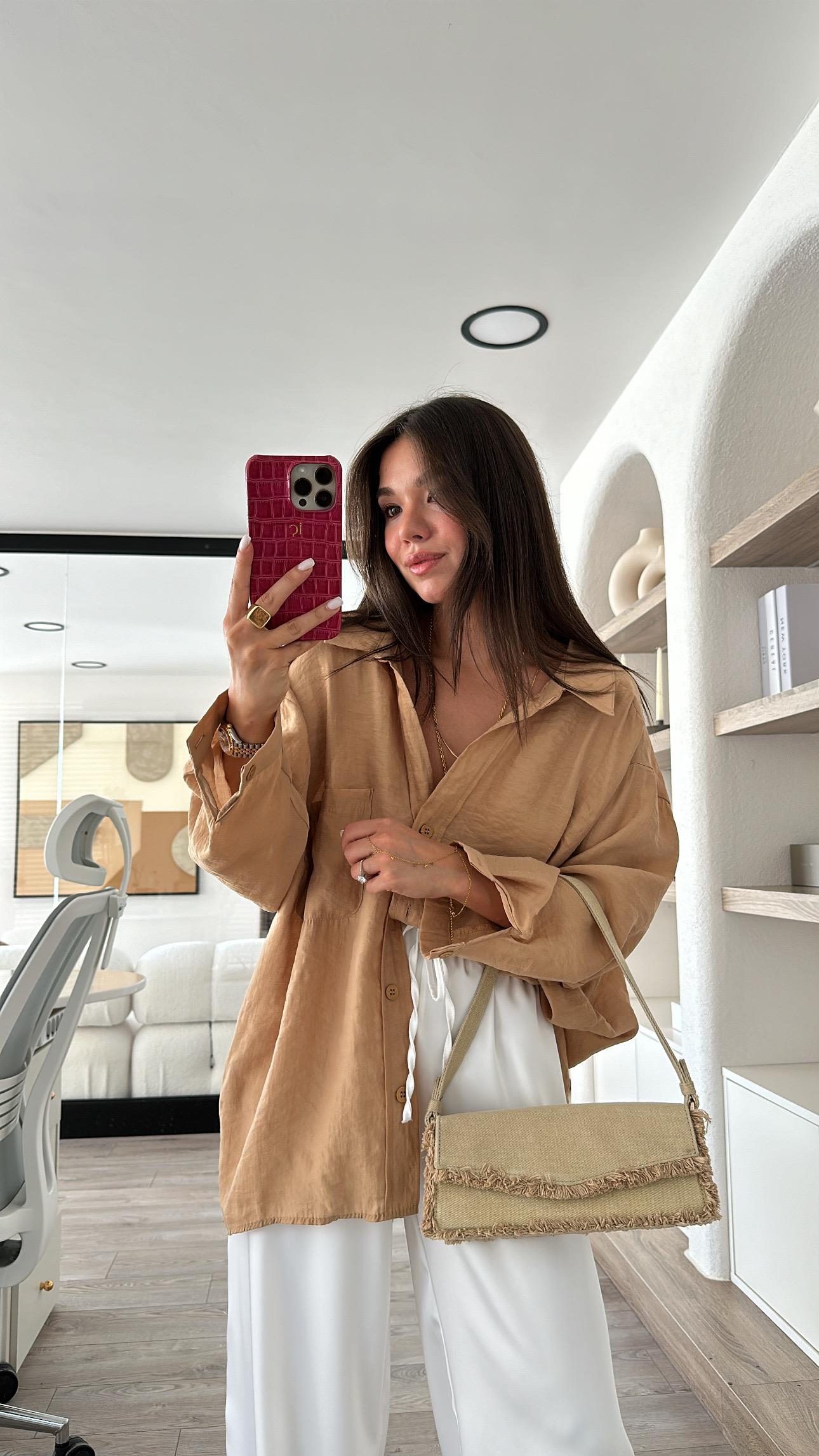 Camel Tensel Kumaş Düşük Omuzlu Oversize Gömlek