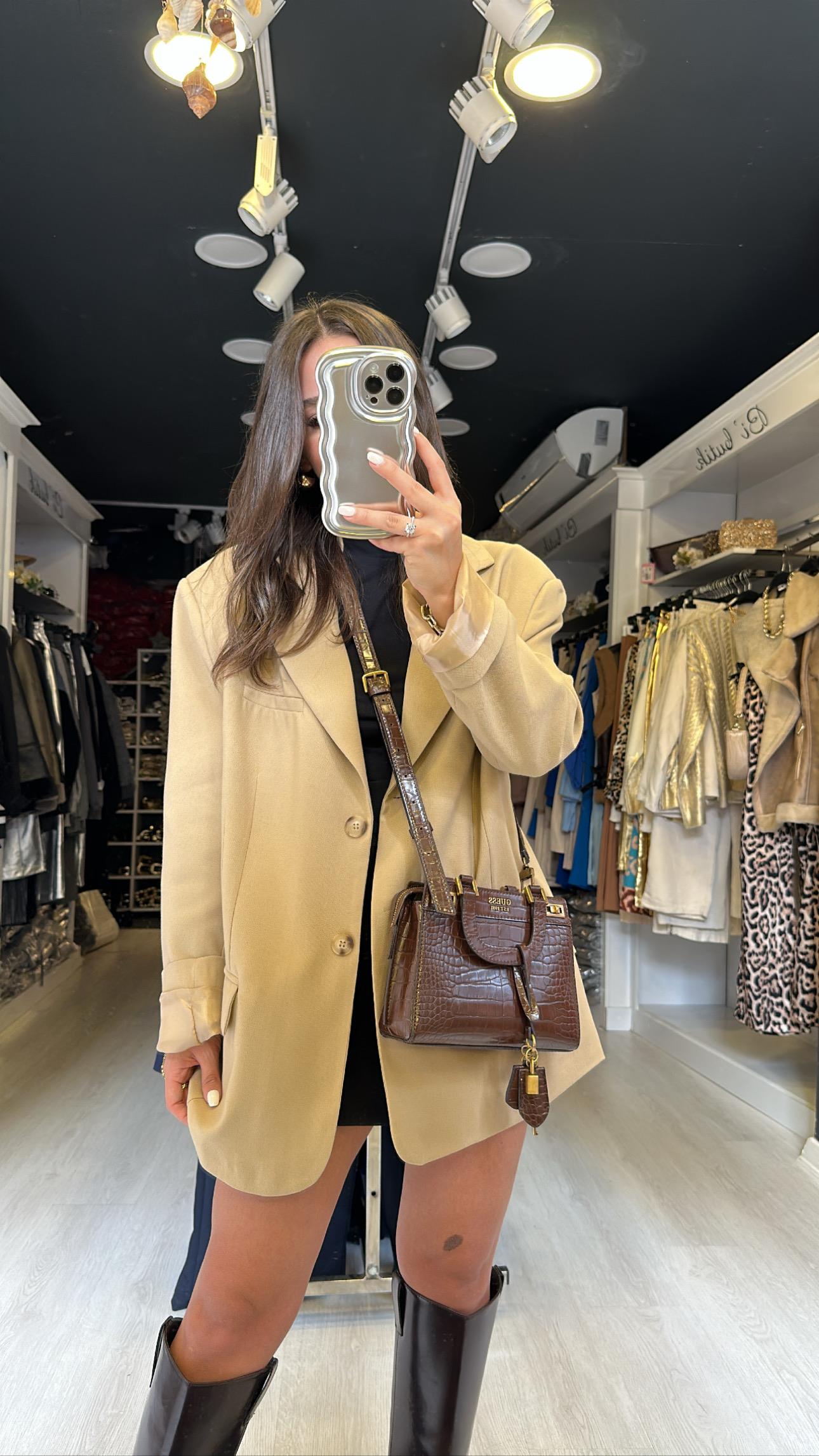 Camel Vatkalı Cift Düğmeli Ceket 