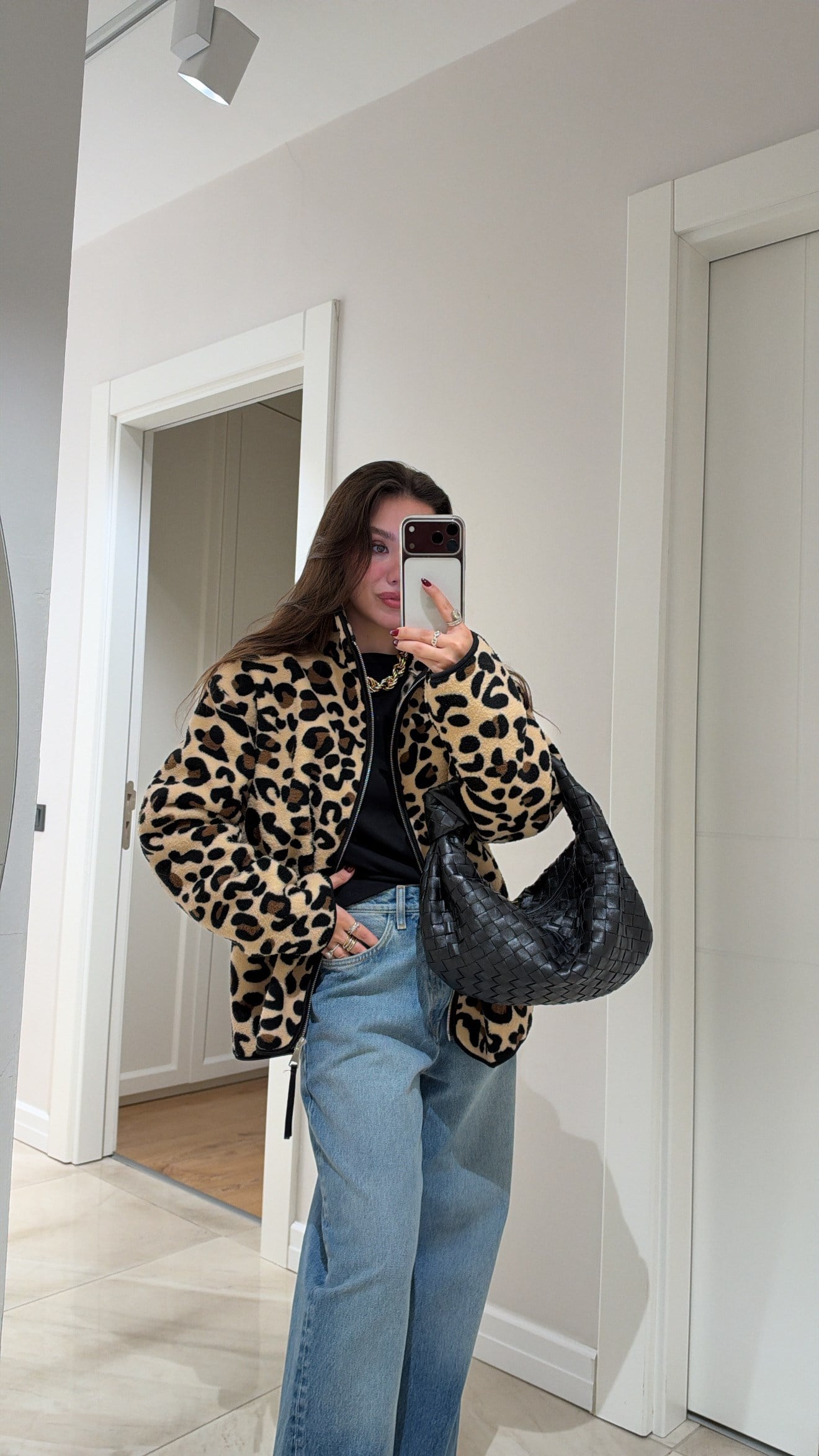 Bej Siyah Leopar Desenli Polar Hırka