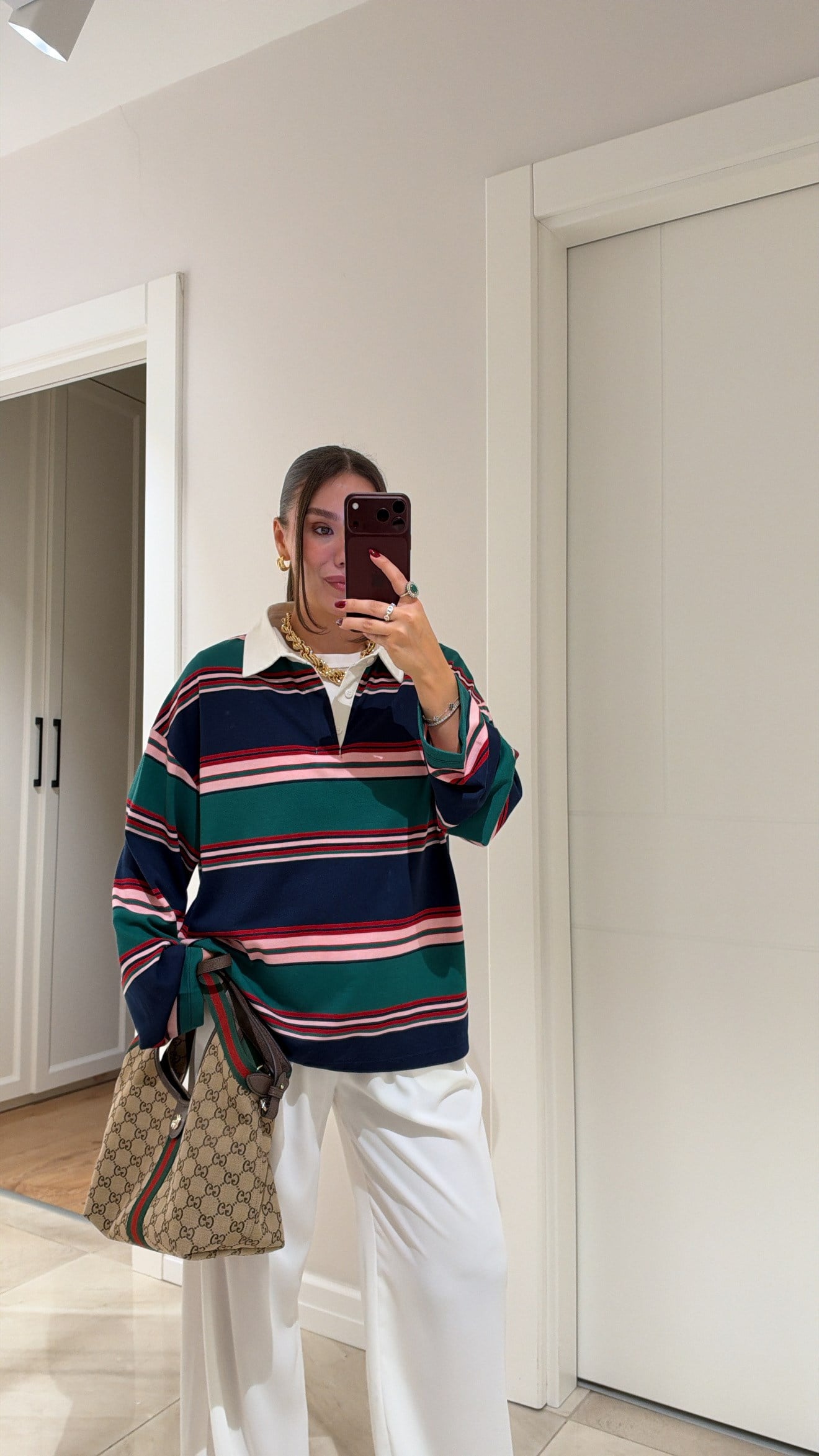 Yeşil Lacivert Çizgili Polo Yaka Sweatshirt 