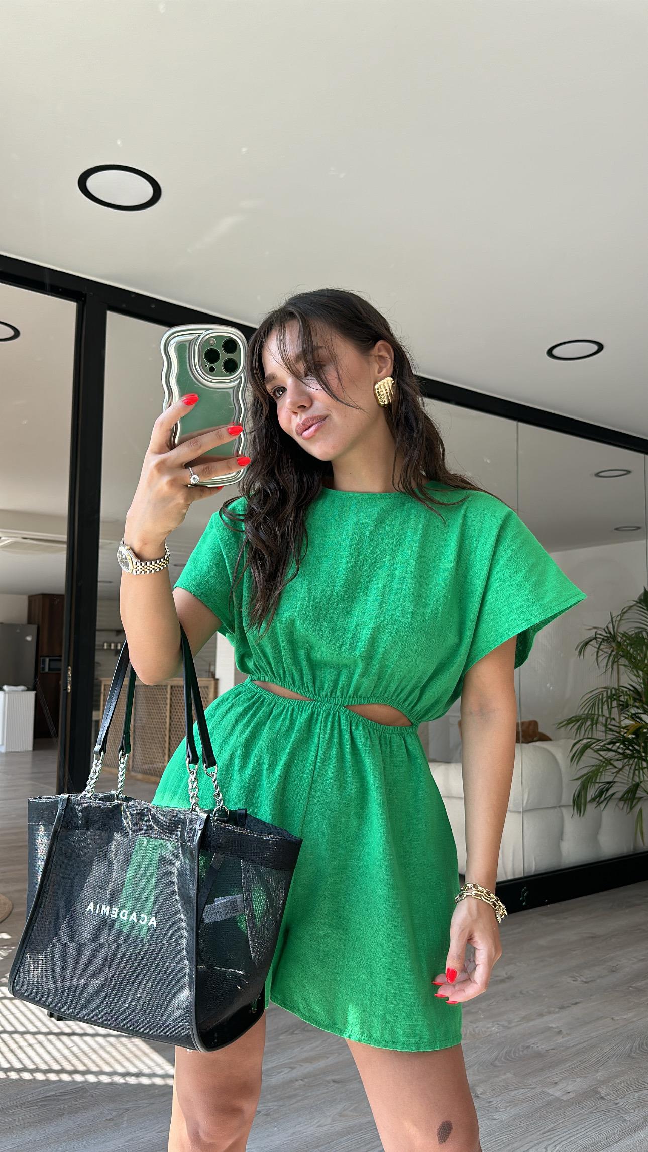 Çimen Yeşili Bel Dekolteli Keten Tulum 