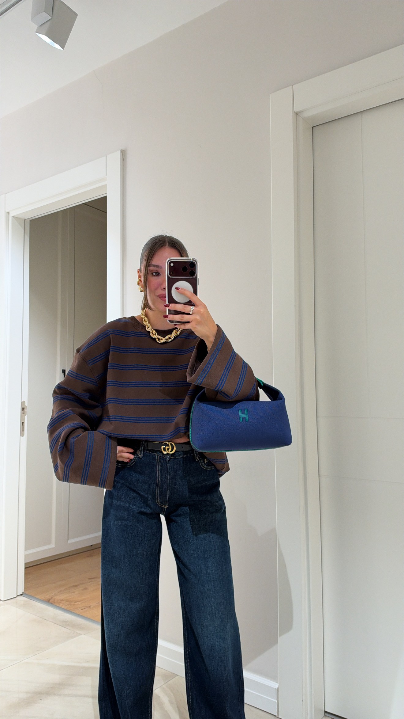 Kahve Lacivert Çizgili Şardonlu Sweatshirt