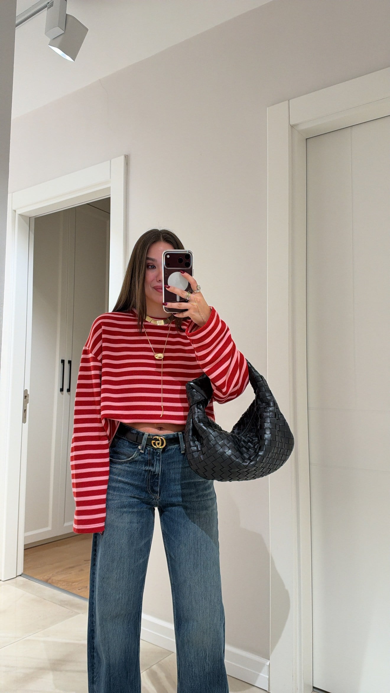 Kırmızı Pembe Çizgili Bisiklet Yaka Basic Sweatshirt