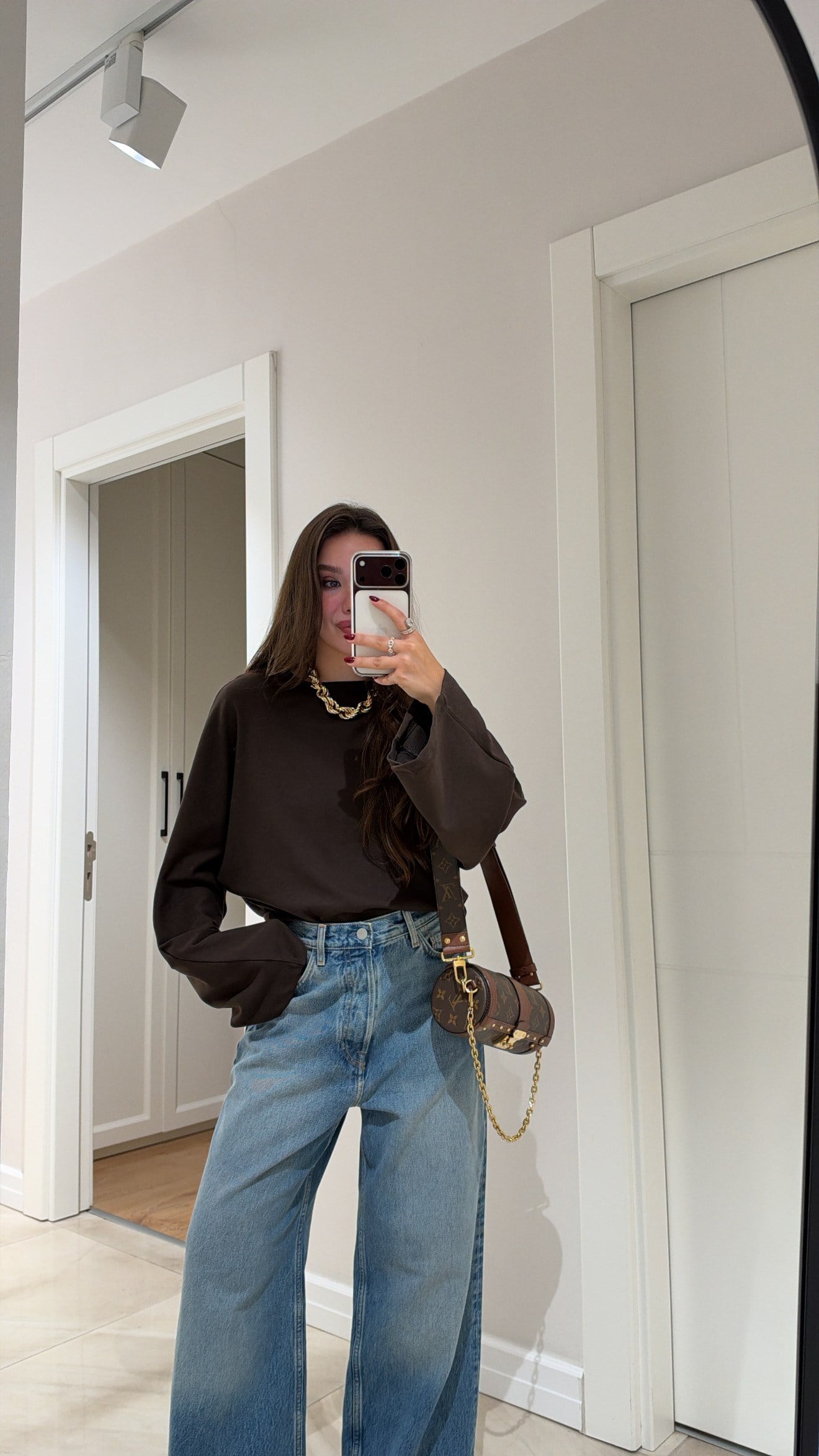 Kahve Bel Detaylı Bisiklet Yaka Bluz