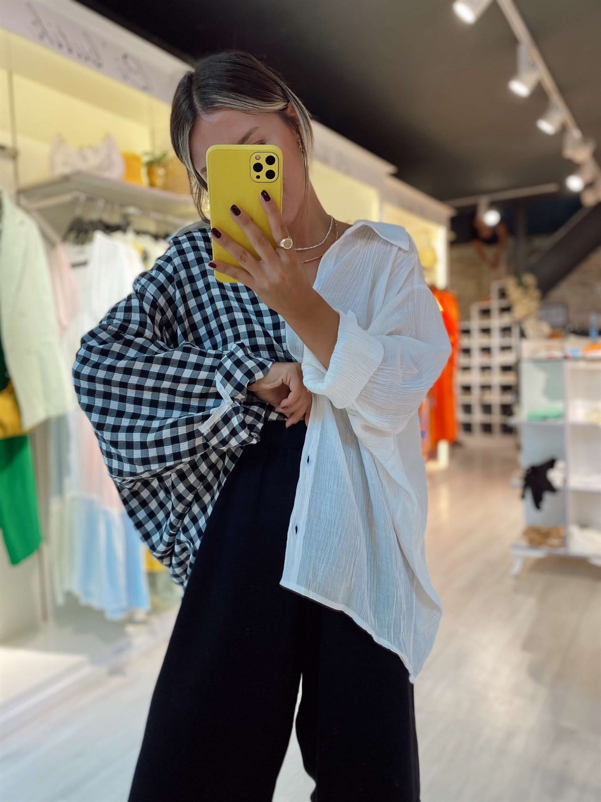 Ekose Siyah Oversize Gömlek