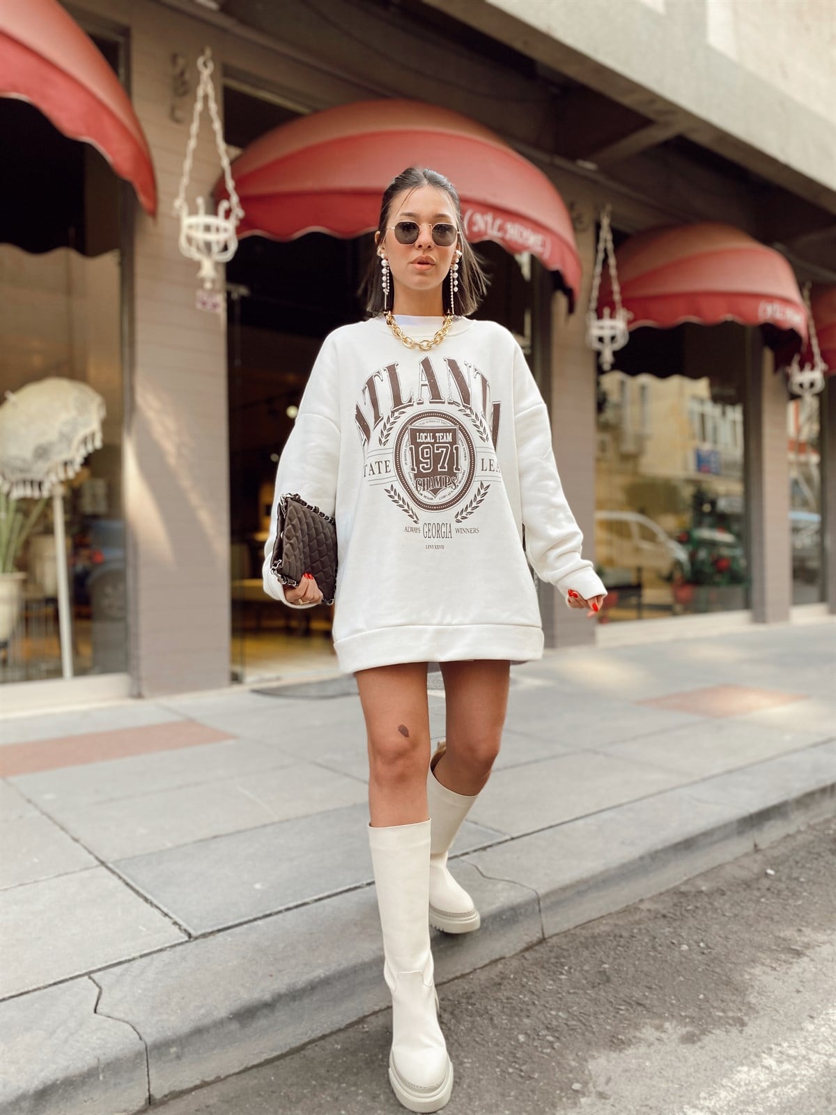 Ekru Atlanta Baskılı Sweat