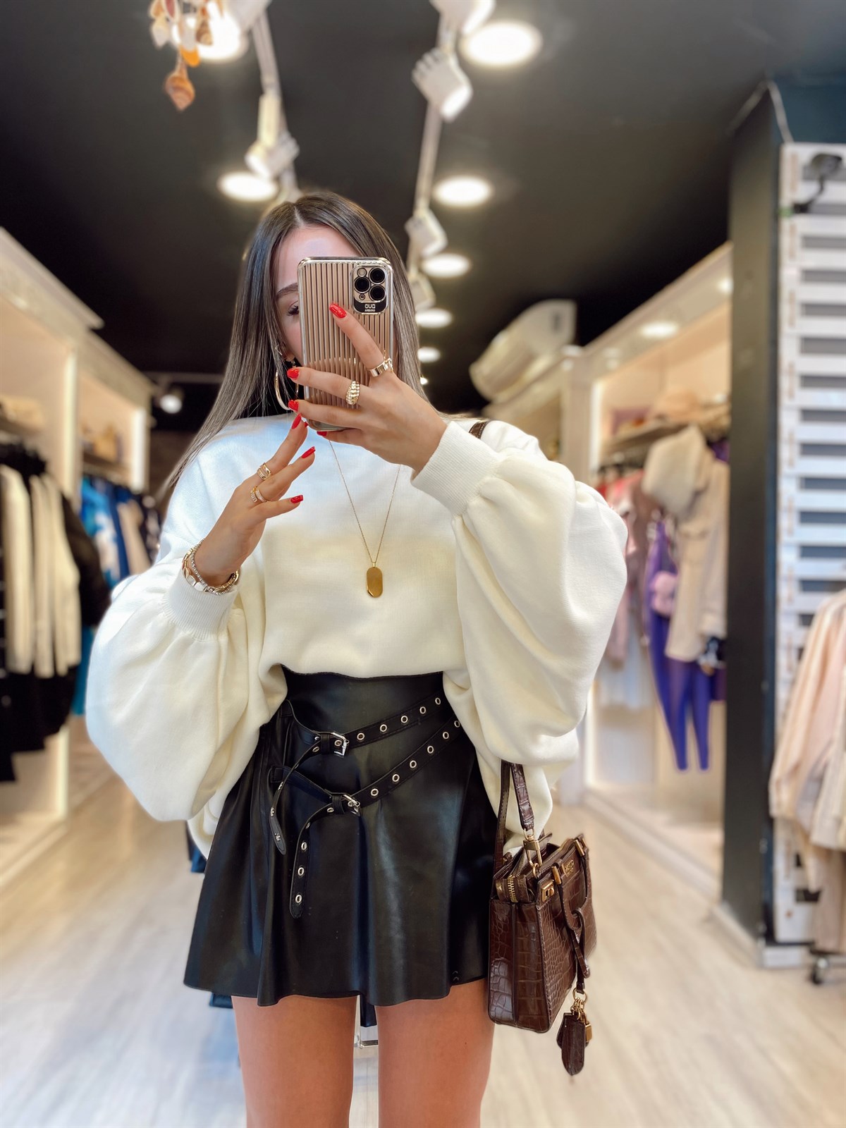 Ekru Balon Kol Oversize Kazak