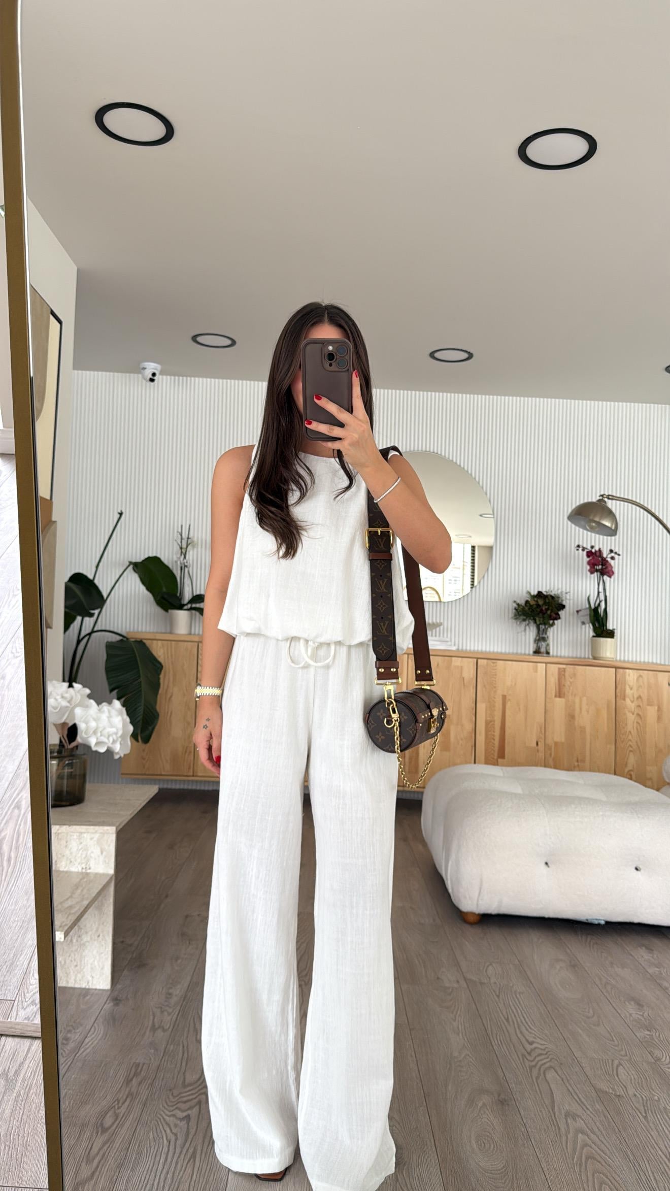 Ekru Balon Model Keten Bluz Takım 