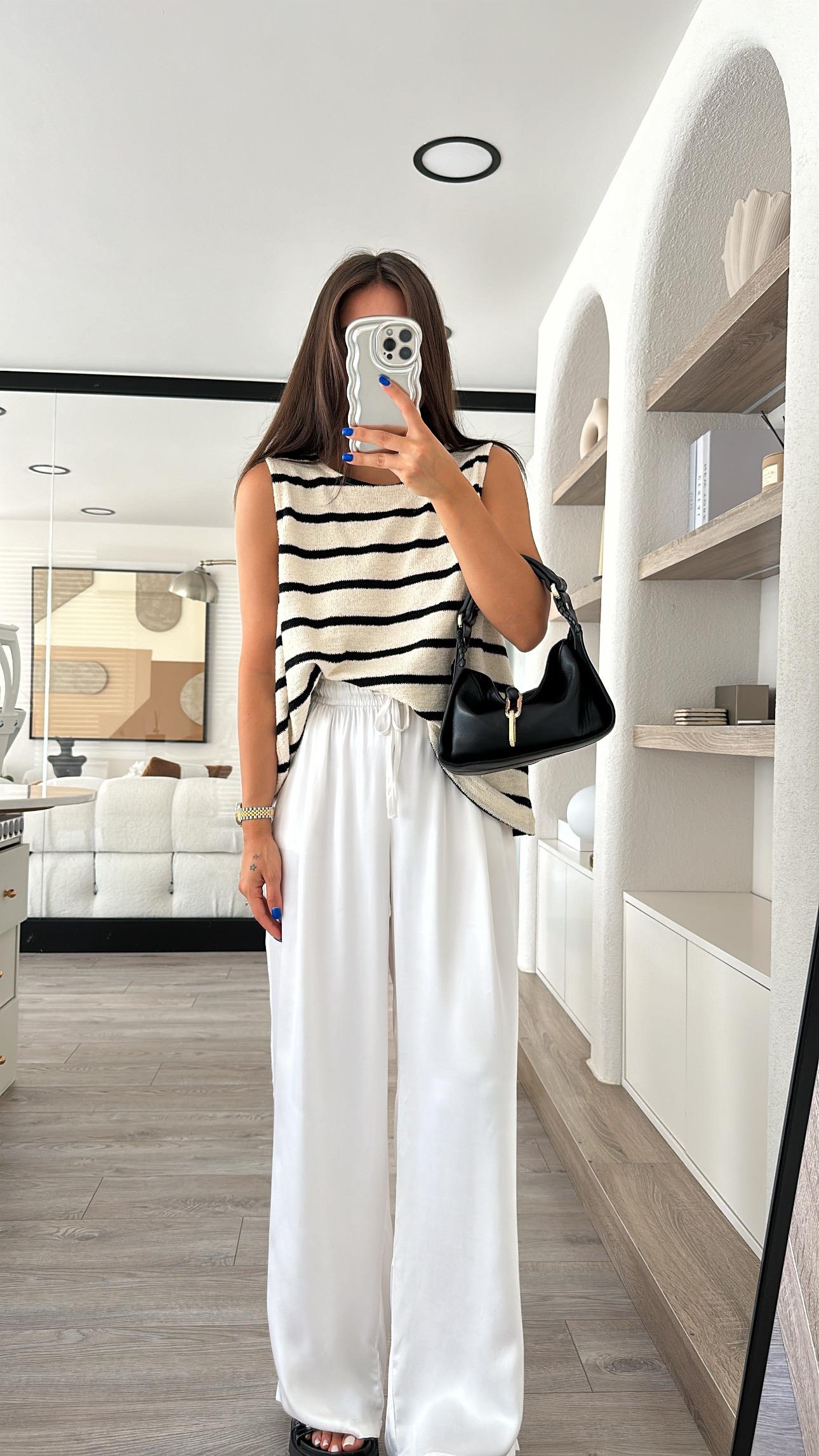 Ekru Bel Bağcıklı Marka Model Saten Pantolon