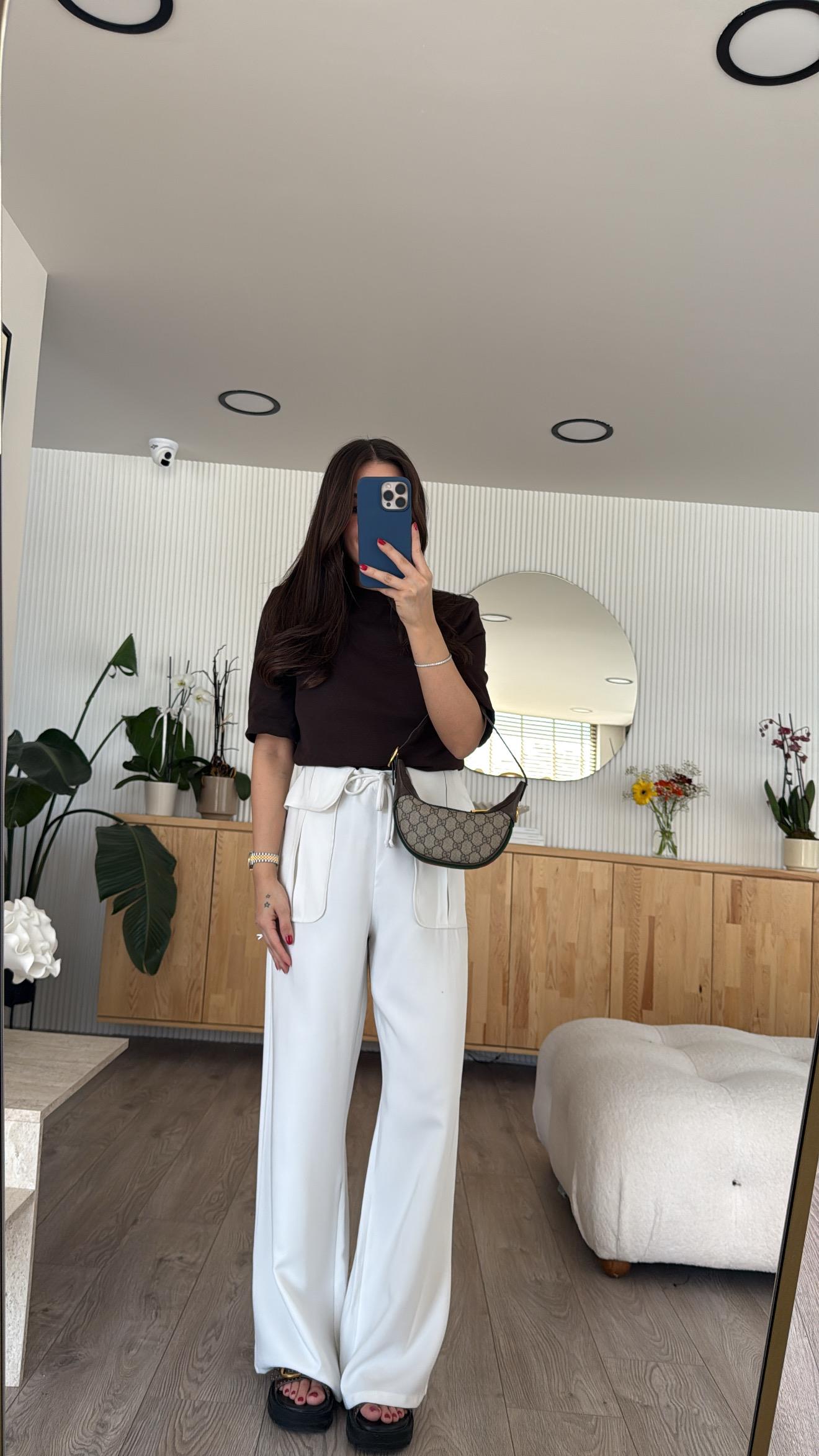 Ekru Bel Detaylı Bağlamalı Bol Paça Ravi Pantolon