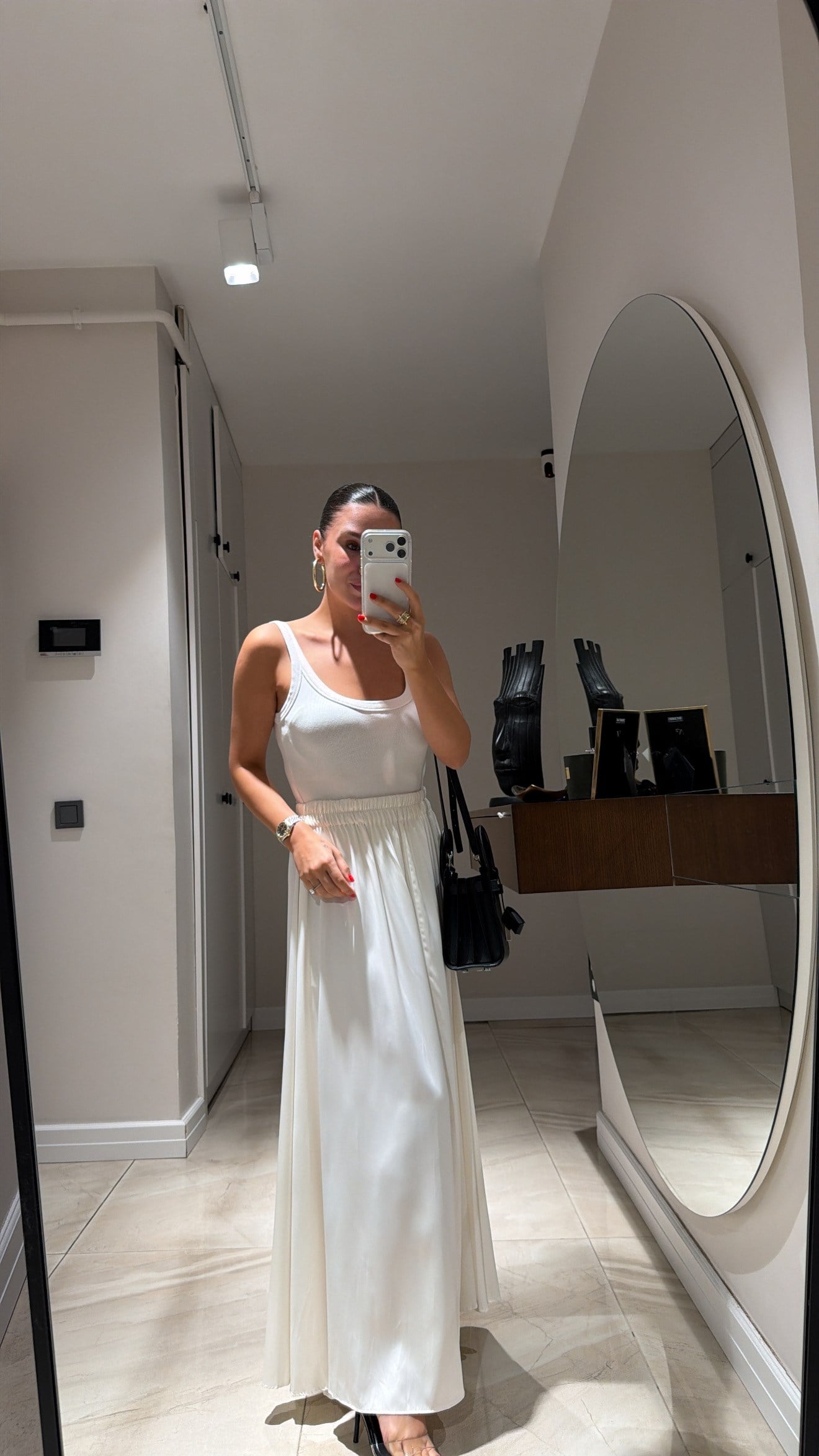 Ekru Bel Lastikli Maxi Boy Saten Etek