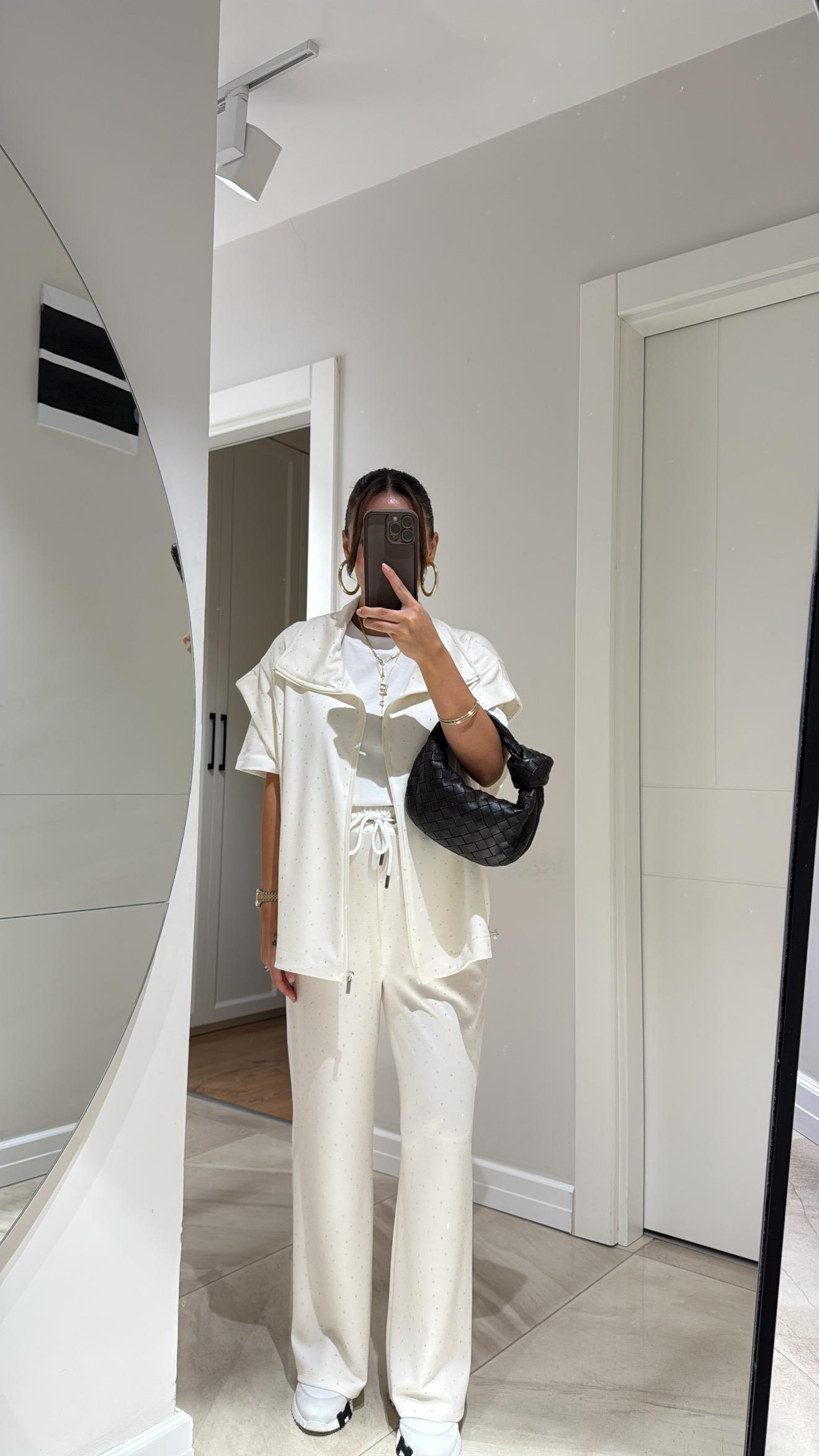 Ekru Bel Lastikli Taşlı Pantolon Takım