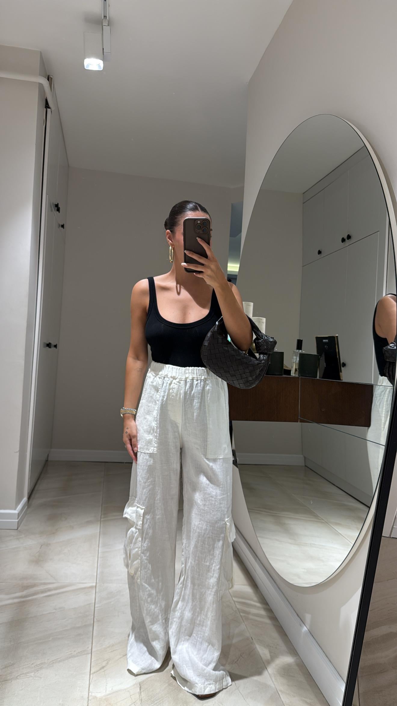 Ekru Beli Lastikli Kargo Cepli Keten Bol Pantolon 