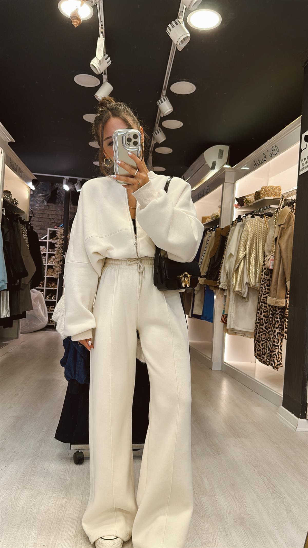 Ekru Bisiklet Yaka Fermuarlı Sweat Takım