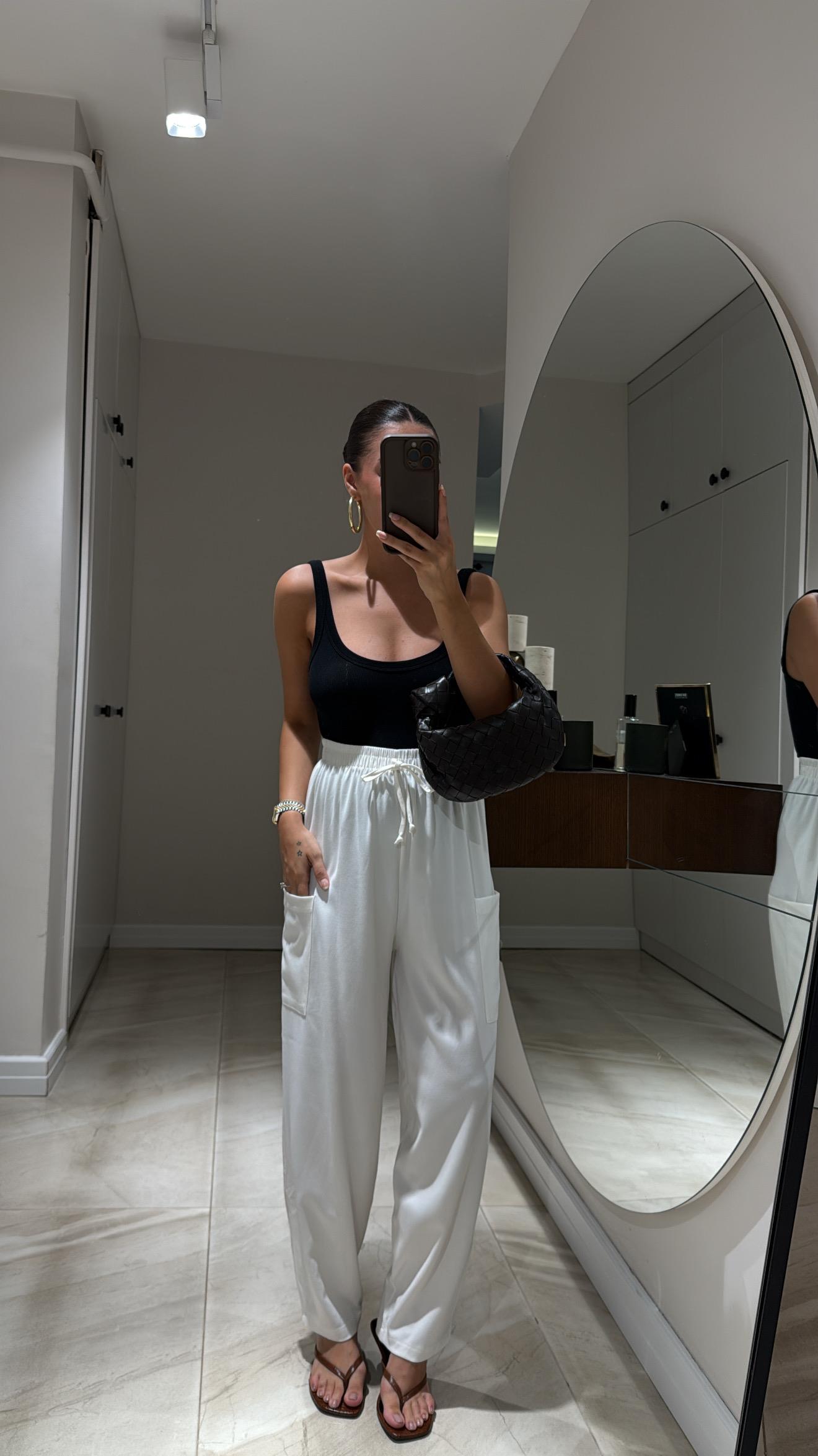 Ekru Cep Detaylı Şalvar Pantolon