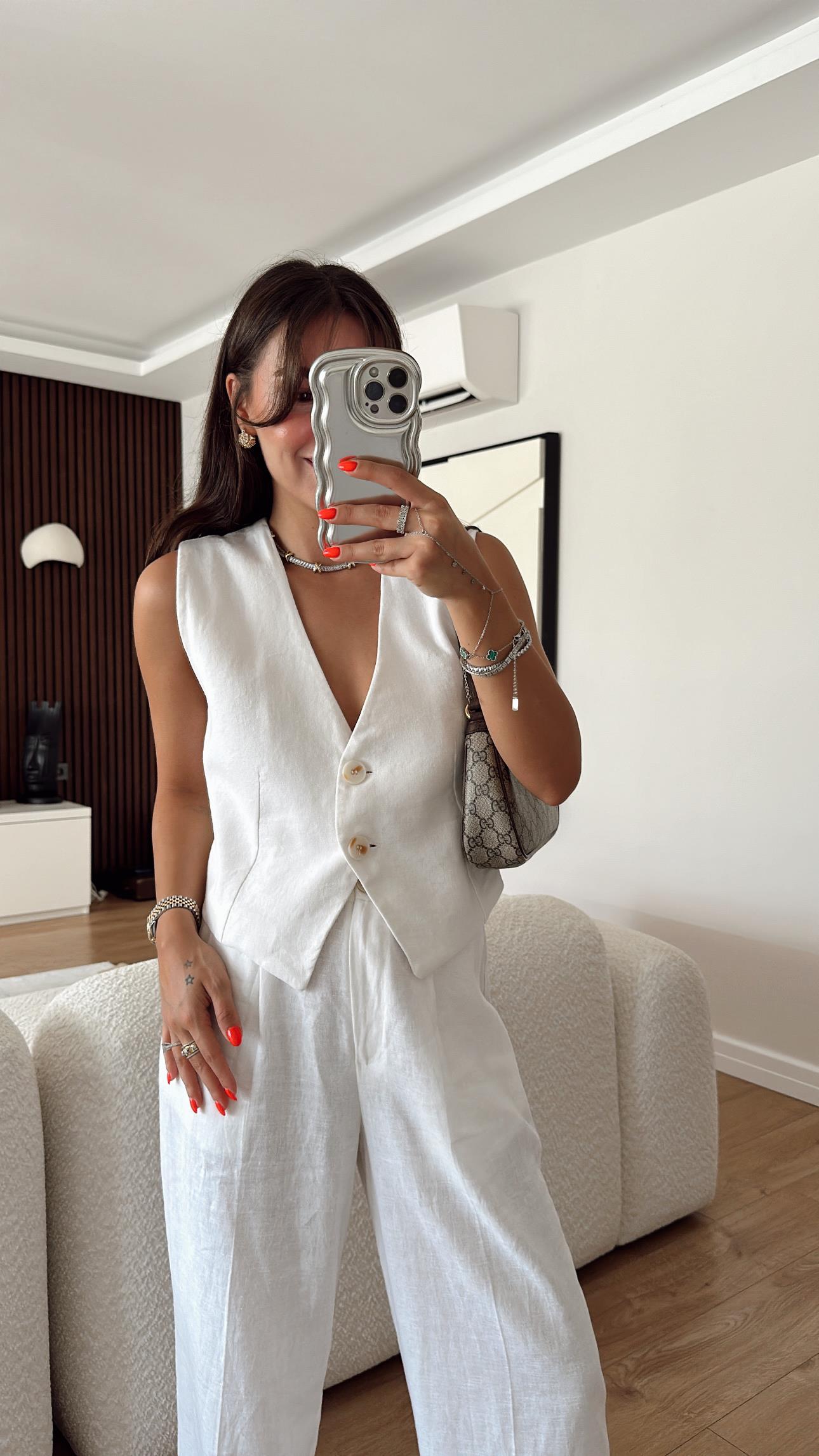 Ekru Çift Düğmeli Keten Yelek