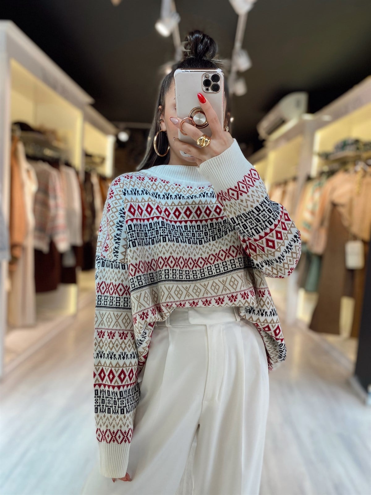 Ekru Desenli Oversize Kazak