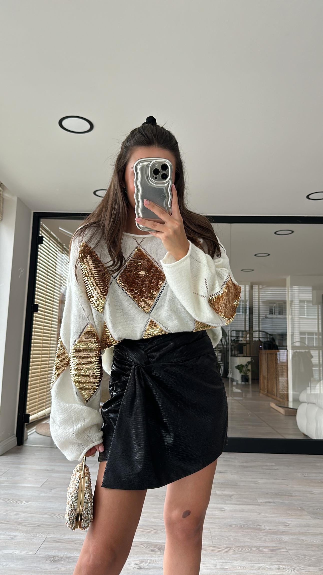 Ekru Gold Pullu Oversize Kazak