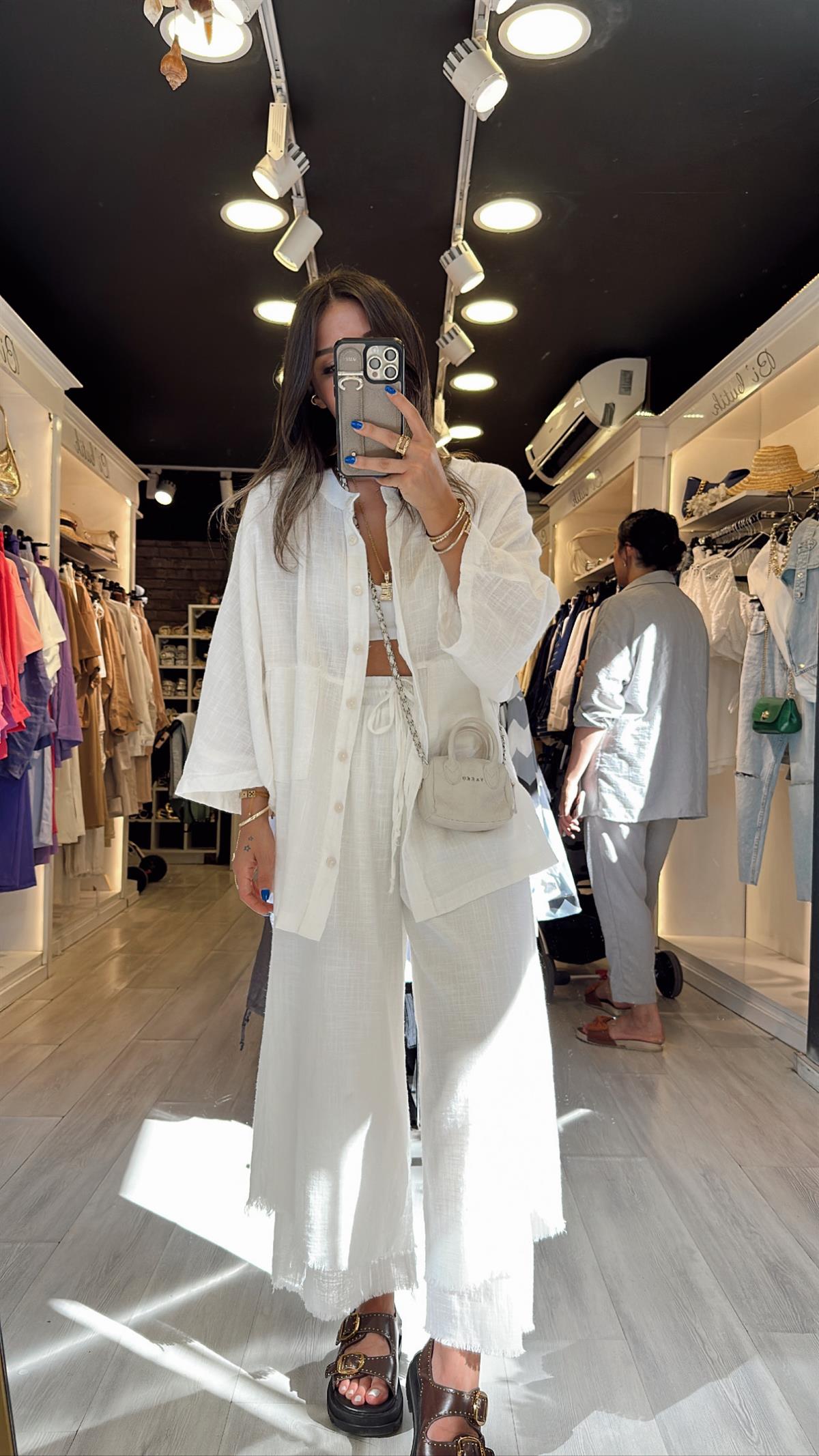 Ekru Hakim Yaka Keten Gömlek Pantolon Takım