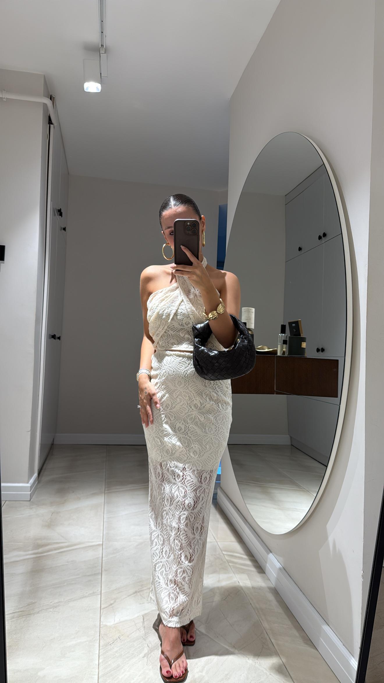 Ekru Halter Yaka Ajurlu Etek Takım