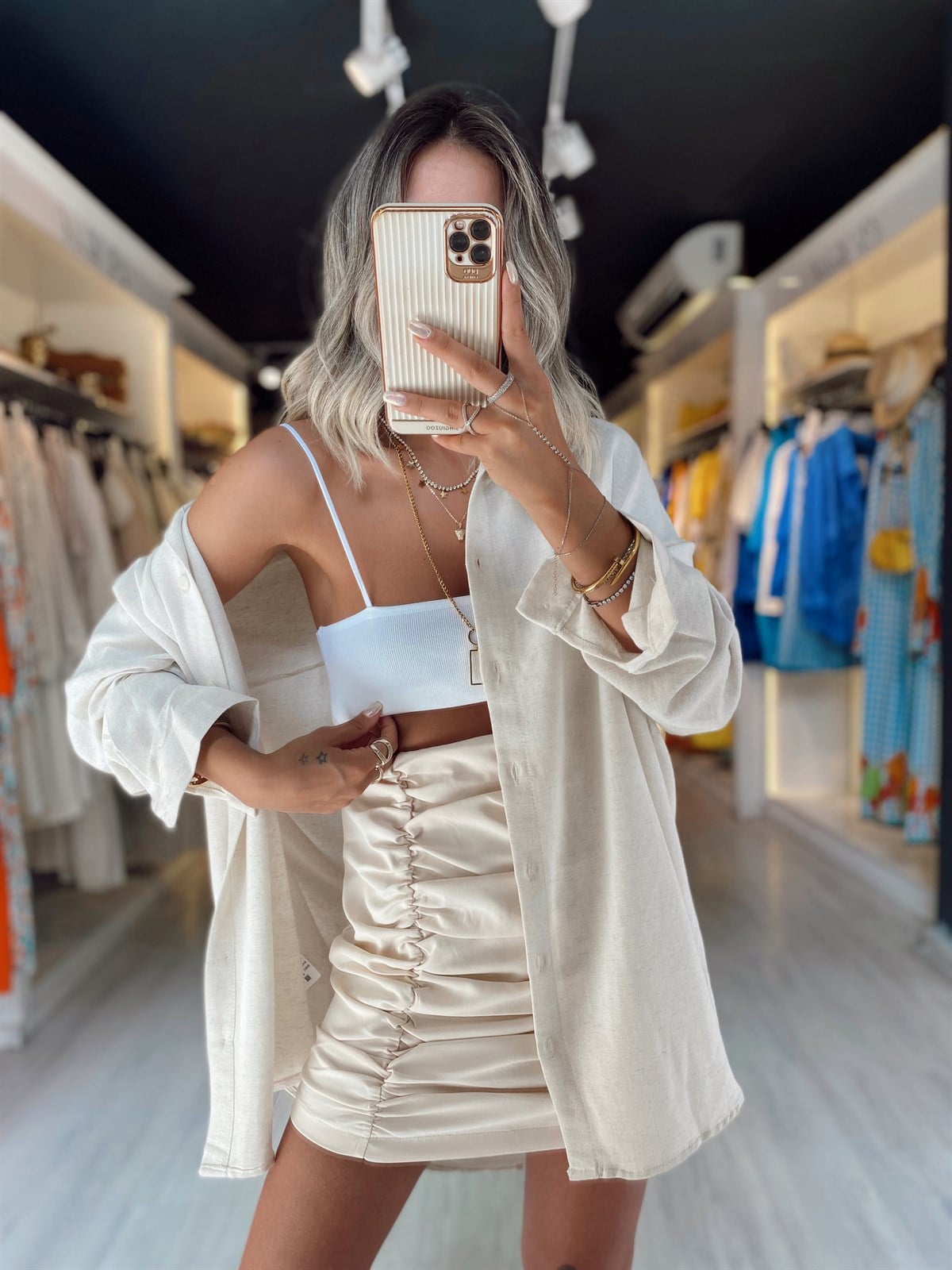 Ekru İp Askılı Triko Crop 