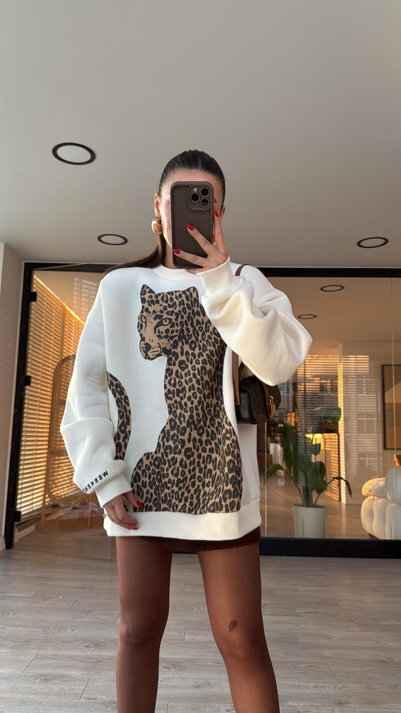 Ekru Kaplan Baskılı Şardonlu Sweat 