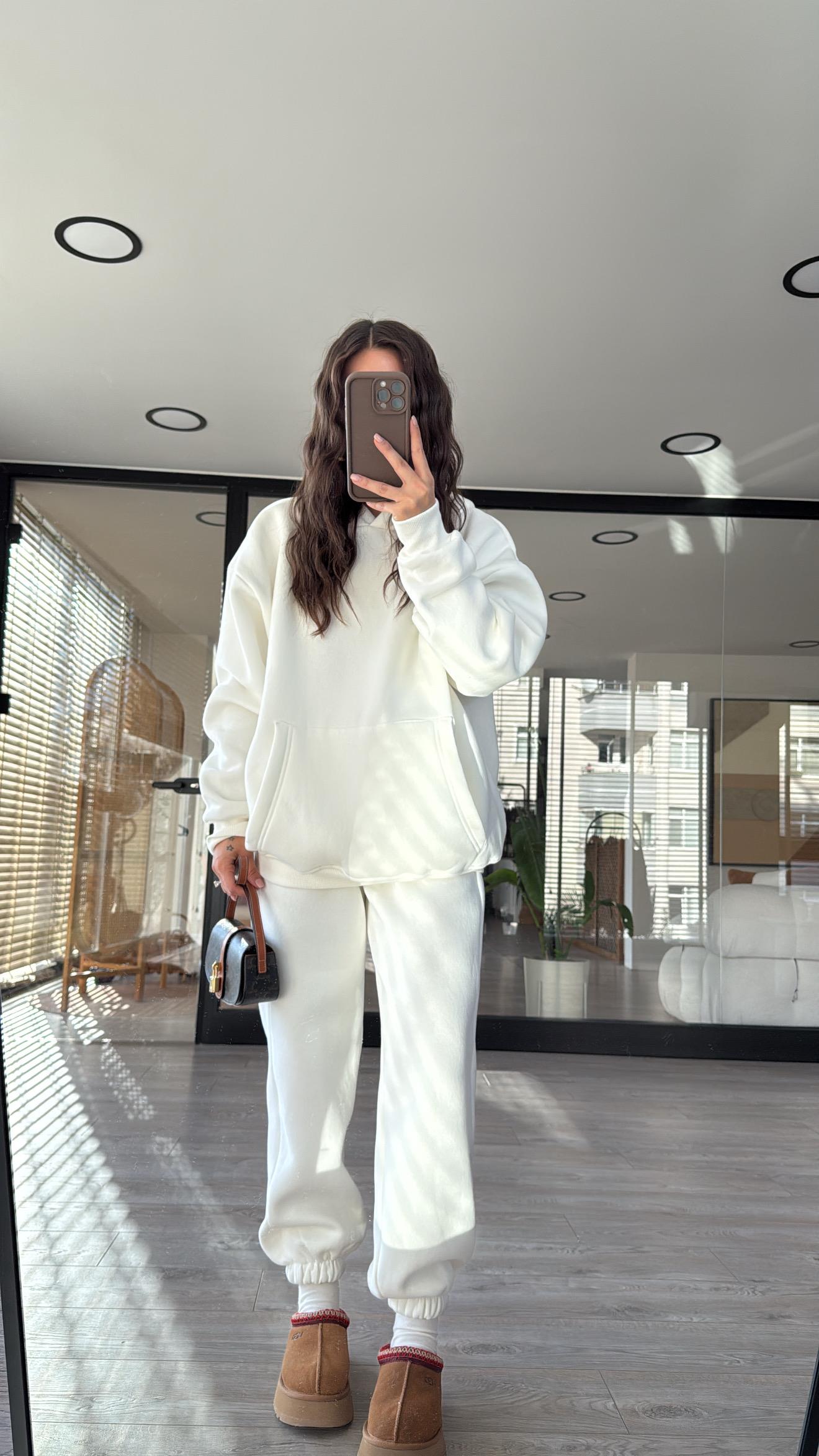 Ekru Kapüşonlu Marka Model Sweat Takım