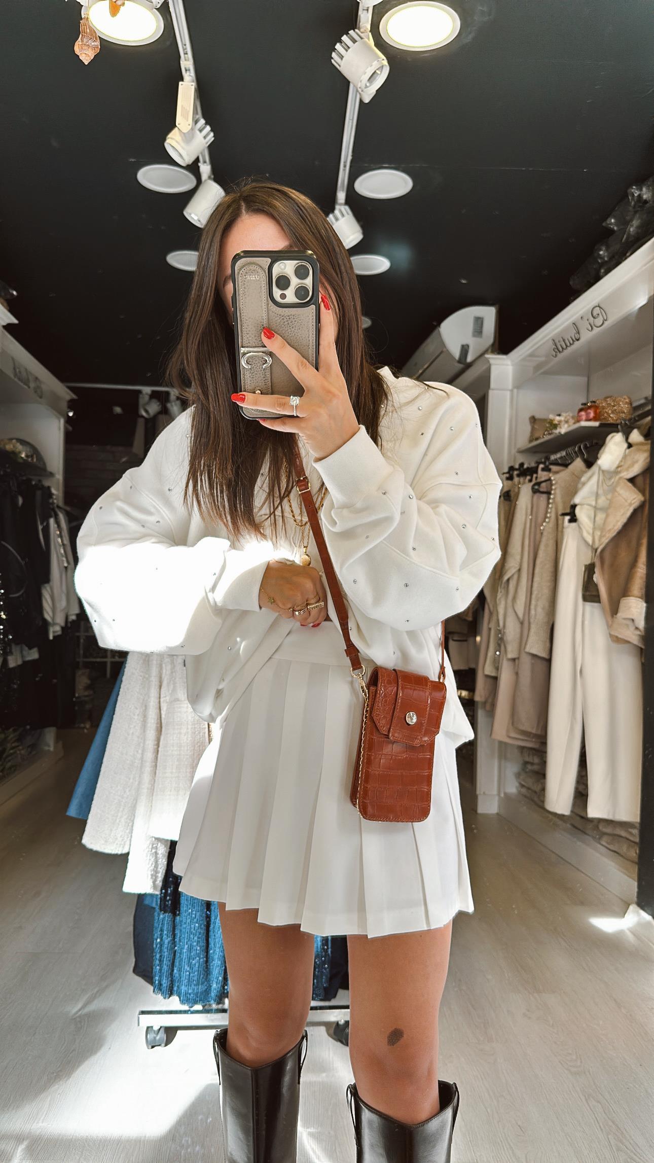 Ekru Kemer Detaylı Pileli Mini Şort Etek 