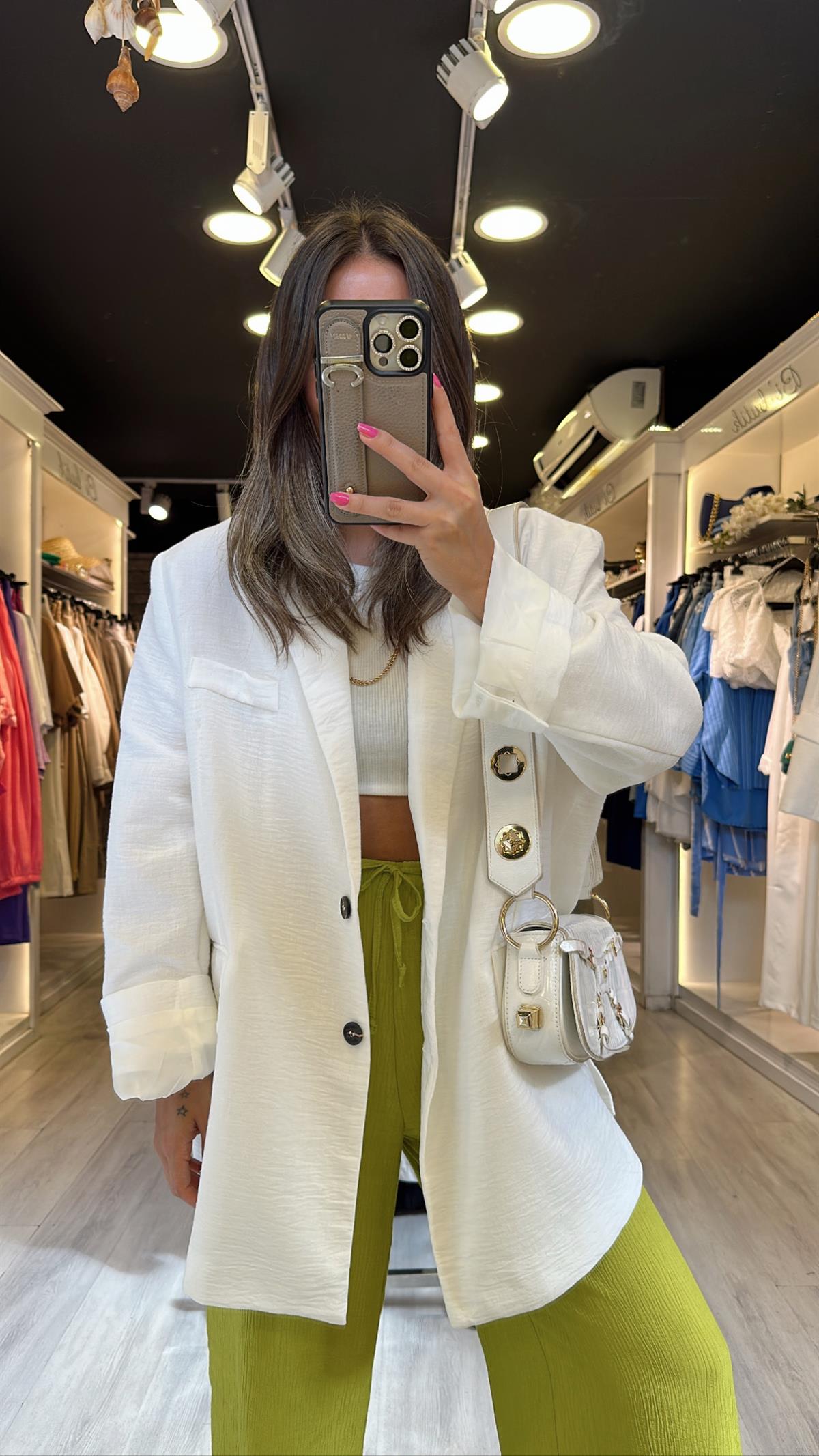 Ekru Keten Blazer Ceket 