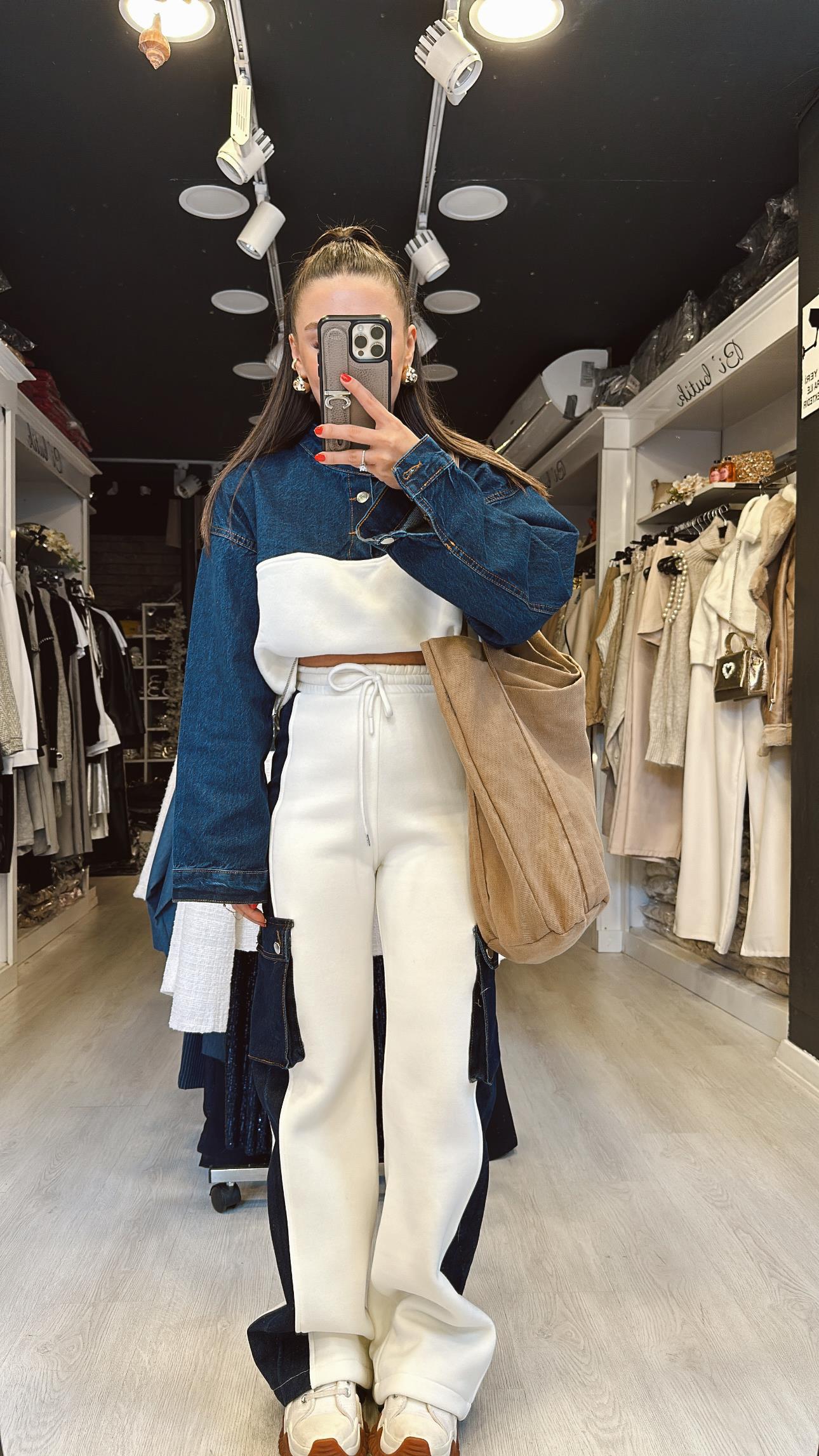 Ekru Koyu Mavi Jean Detaylı Fermuarlı Sweat Takım