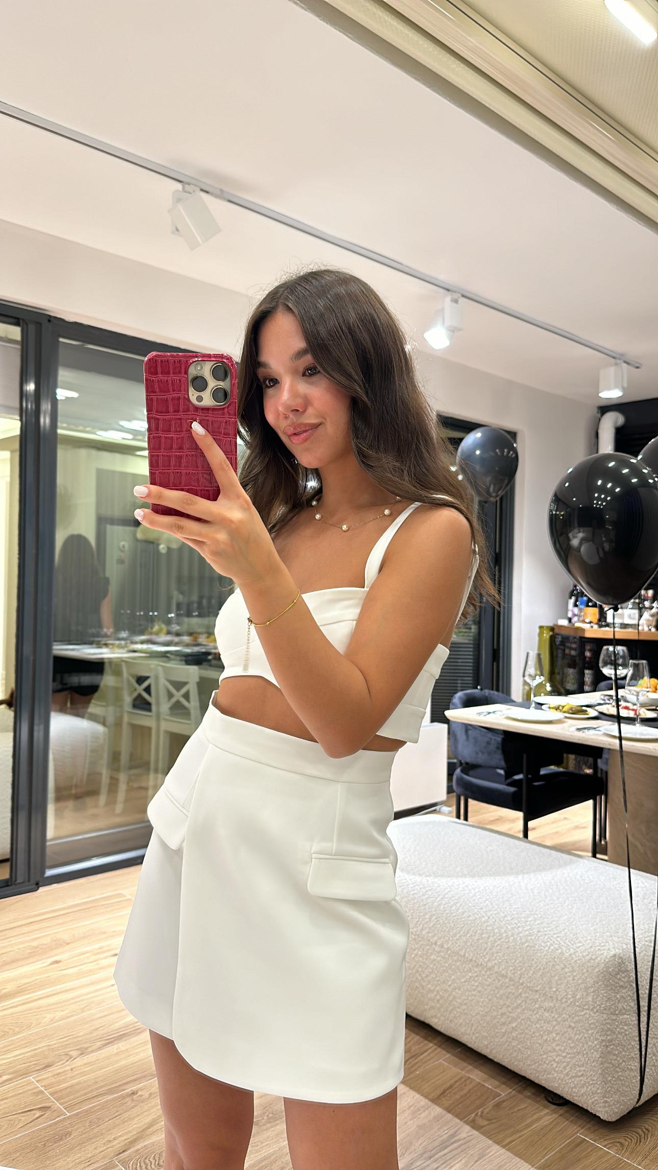 Ekru Ön Cep Detaylı Anvelop Etek