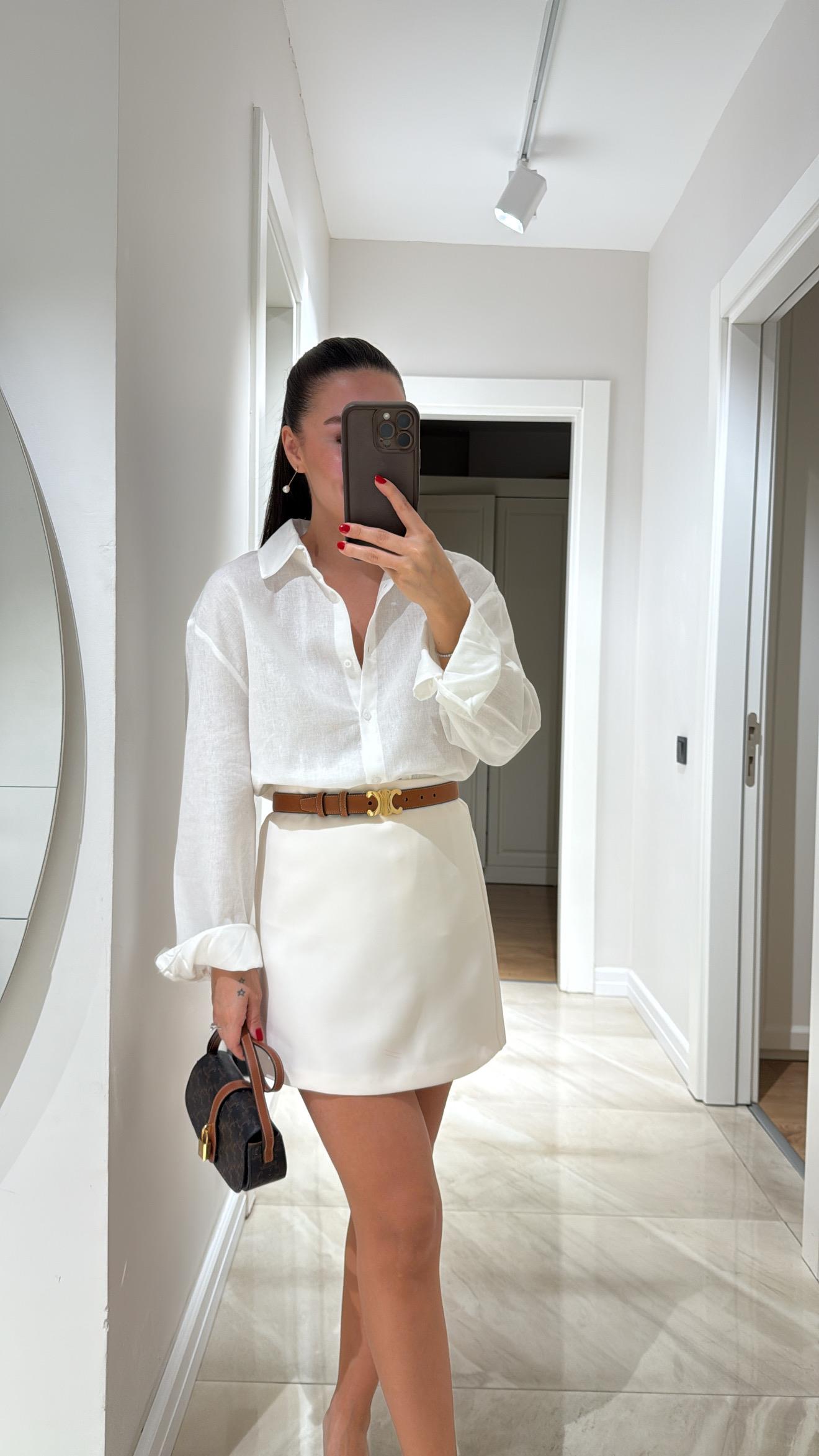 Ekru Ön Düğmeli Marka Model Keten Gömlek