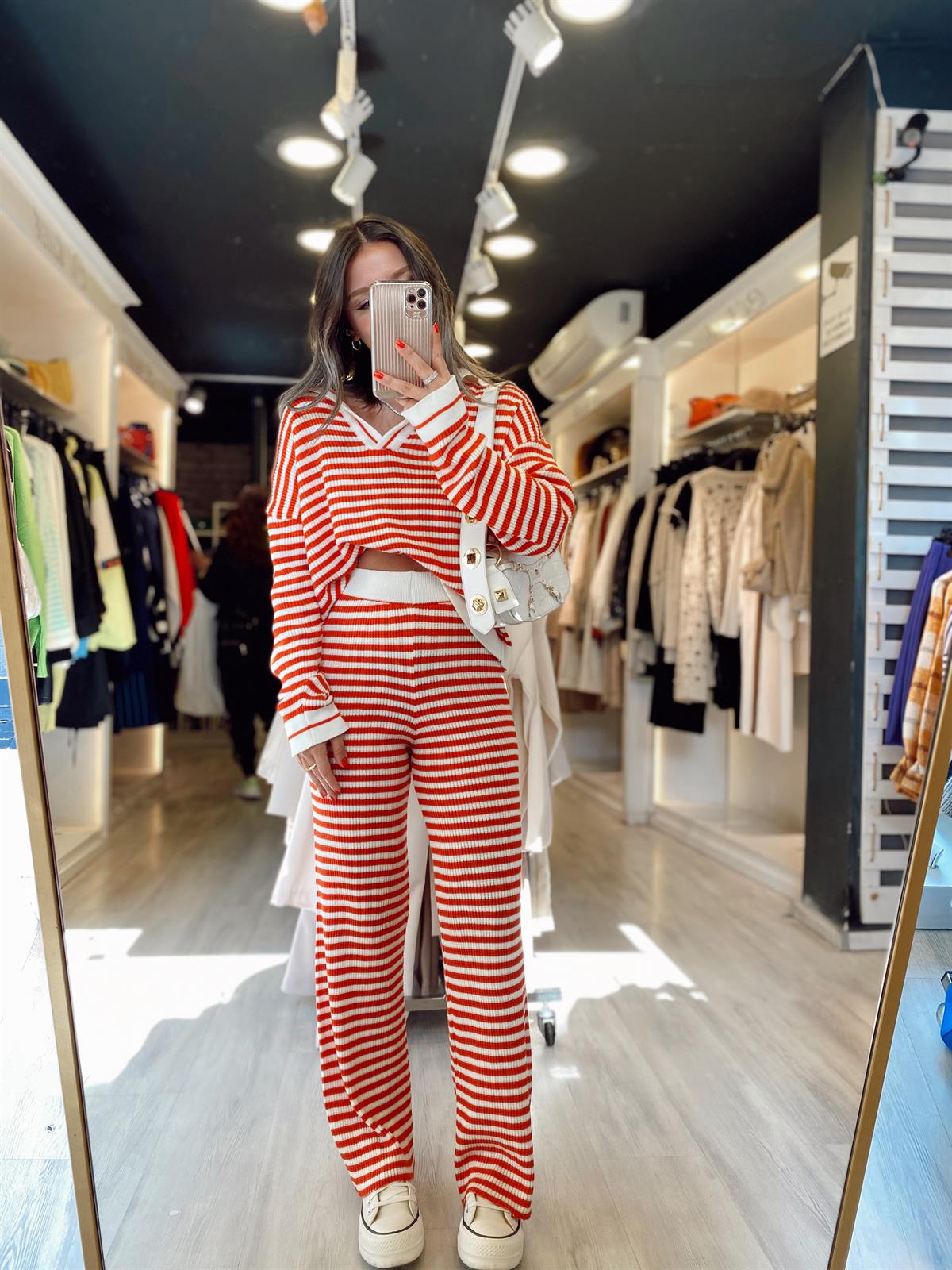 Ekru Orange Polo Yaka Çizgili Takım