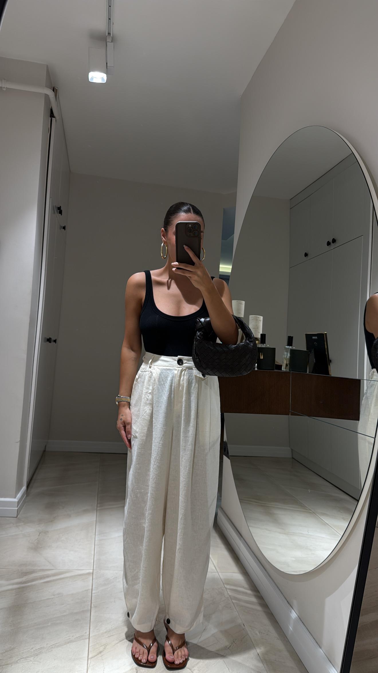 Ekru Paça Düğmeli Keten Şalvar Pantolon