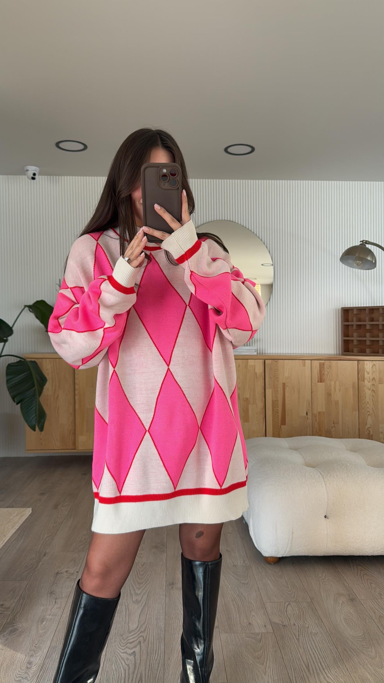 Ekru Pembe Baklava Desenli Kazak