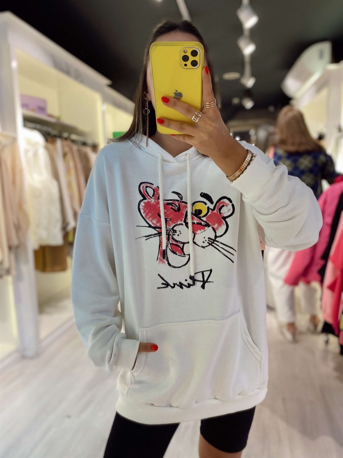 Ekru Pembe Panter Baskılı Oversize Sweat