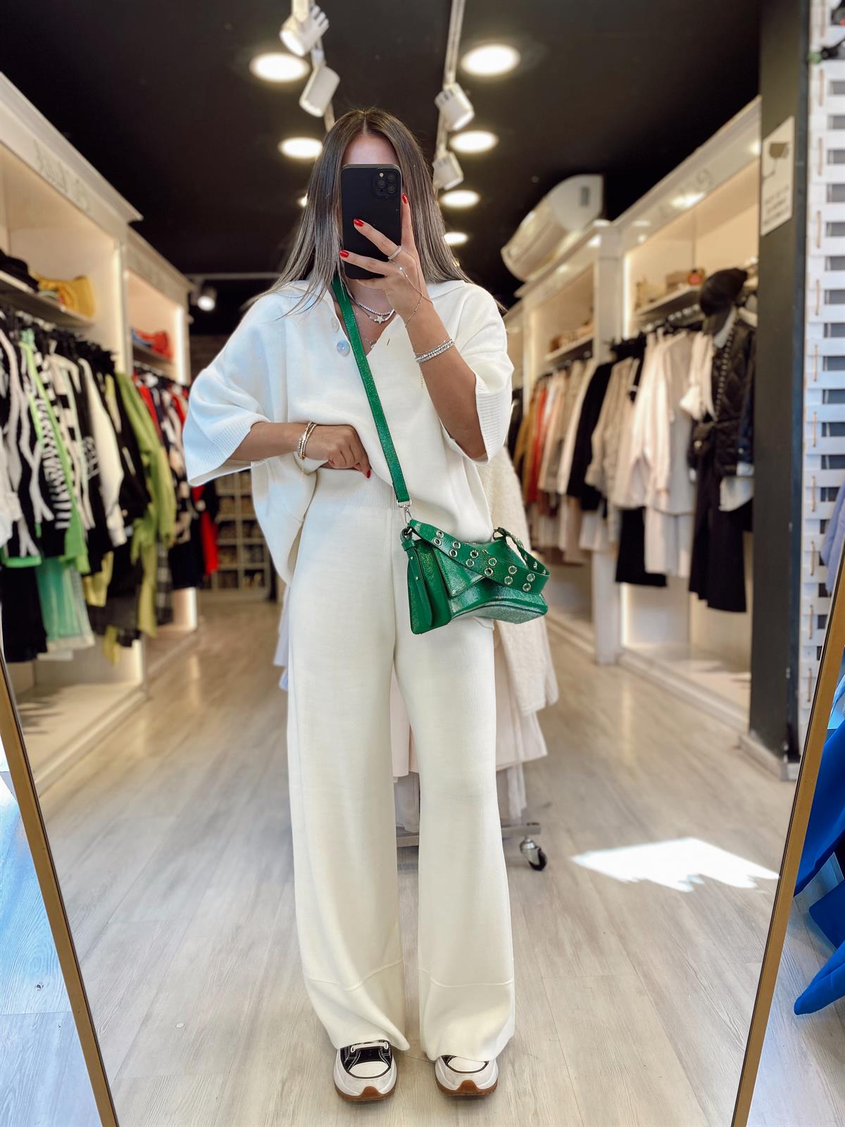 Ekru Polo Yaka Duğmeli Triko Takım