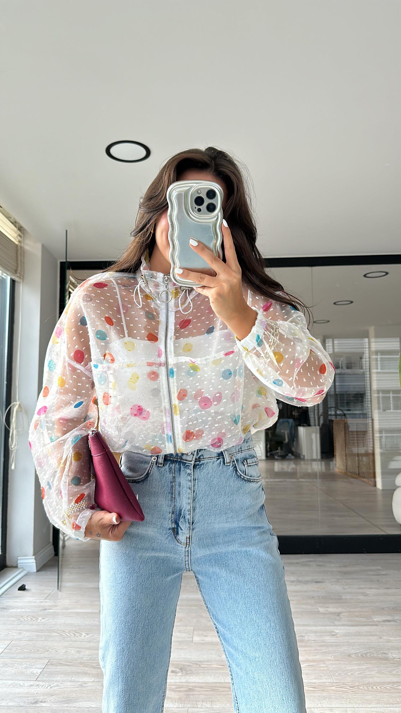 Ekru Puantiyeli Transparan Ceket