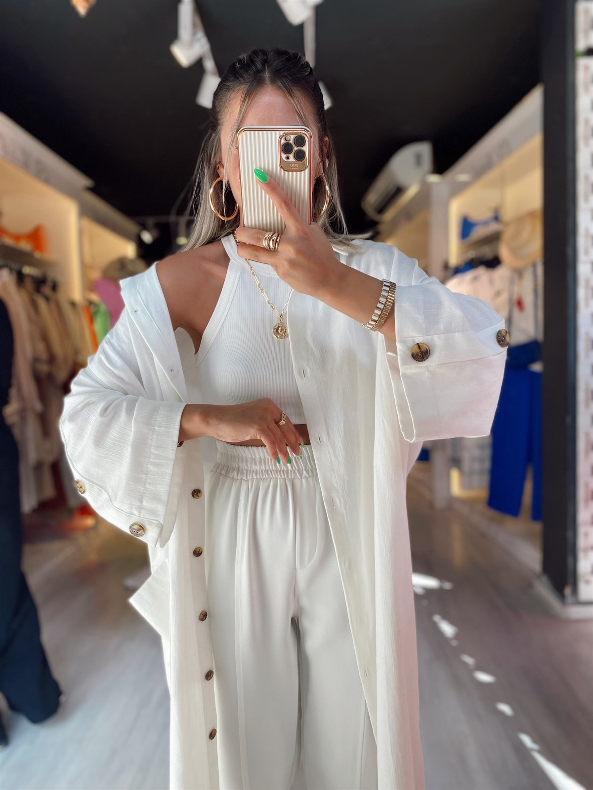 Ekru Tek Cepli Kol Düğme Detaylı Kimono