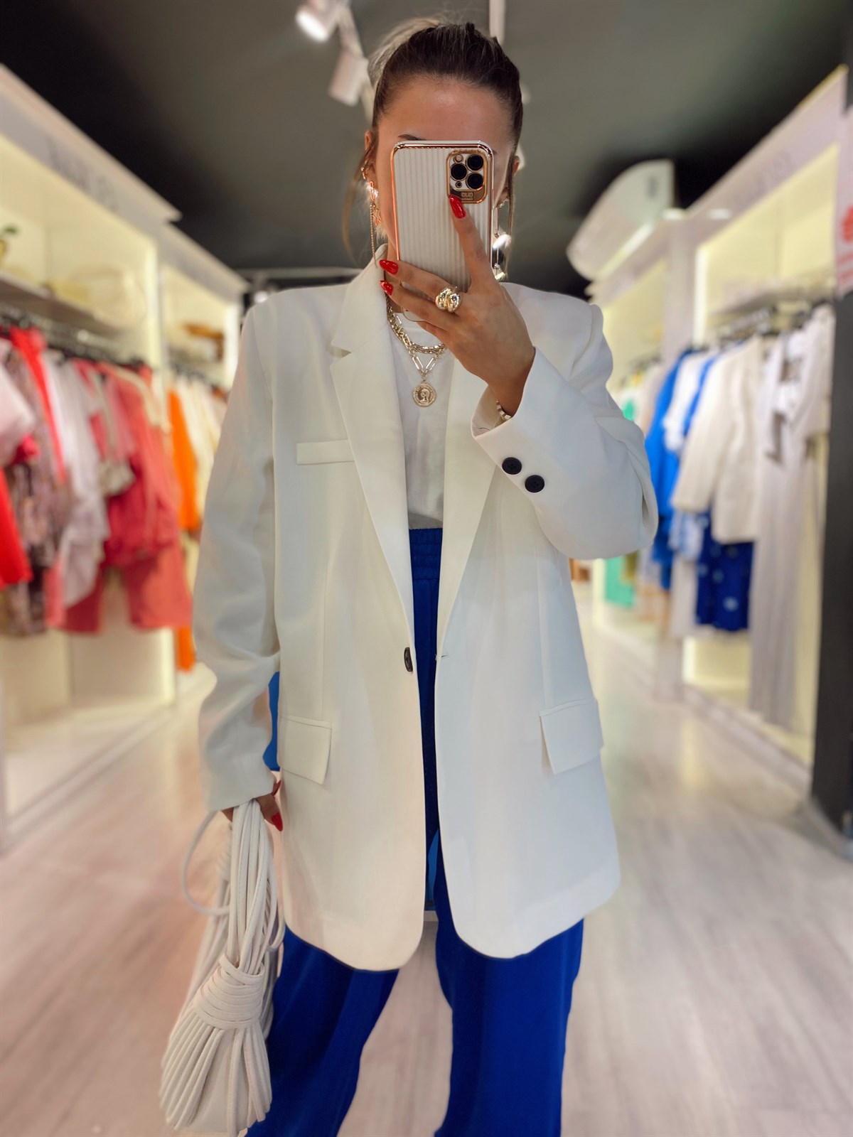 Ekru Tek Duğmeli Blazer Ceket