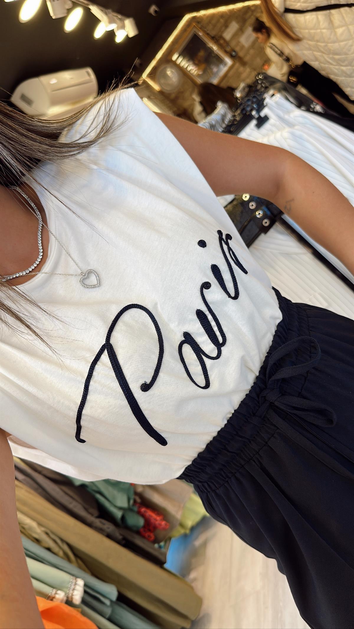 Ekru Vatkalı Yazı İşlemeli Tshirt