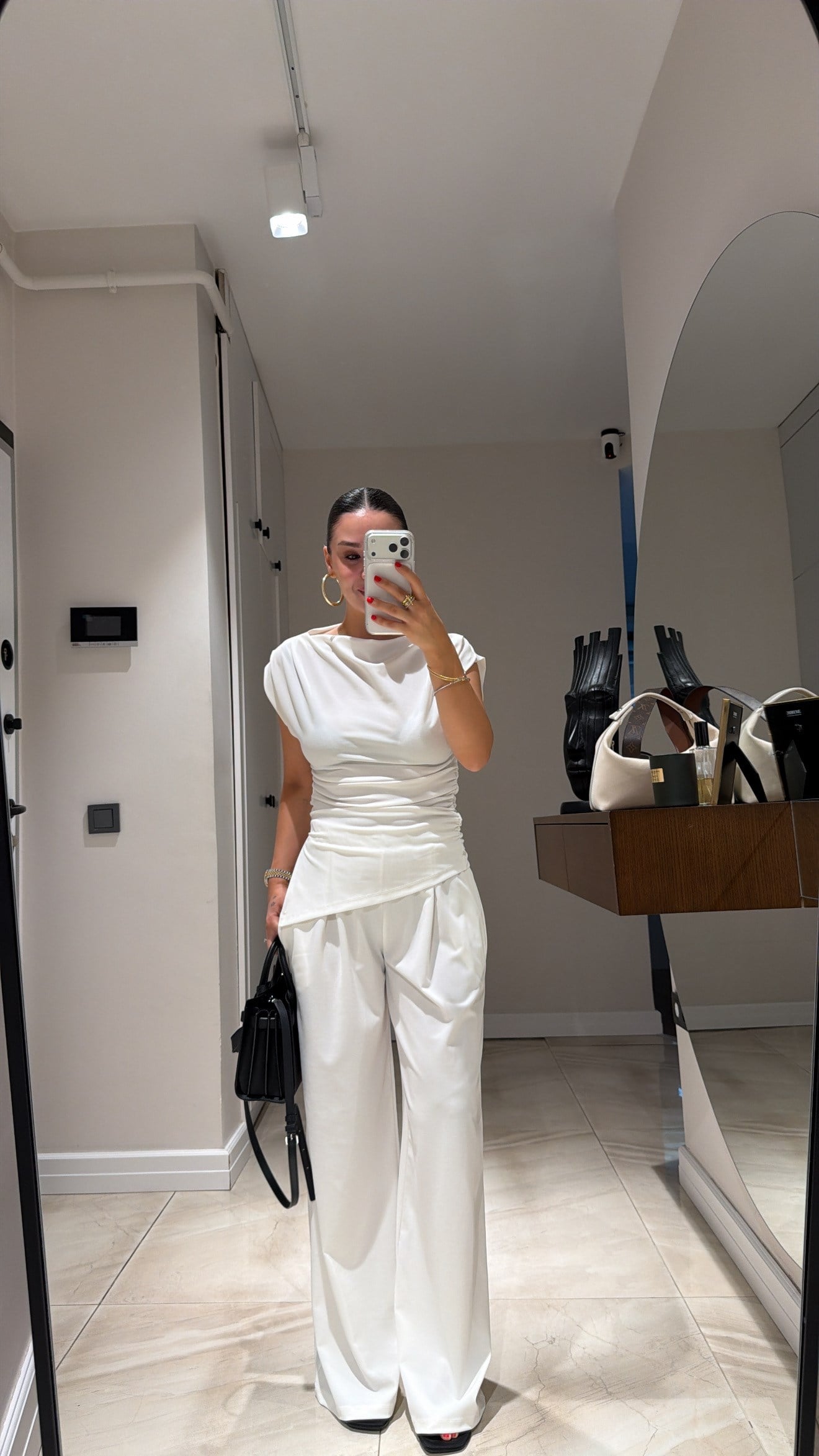 Ekru Yan Büzgülü Bluz Pantolon Takım