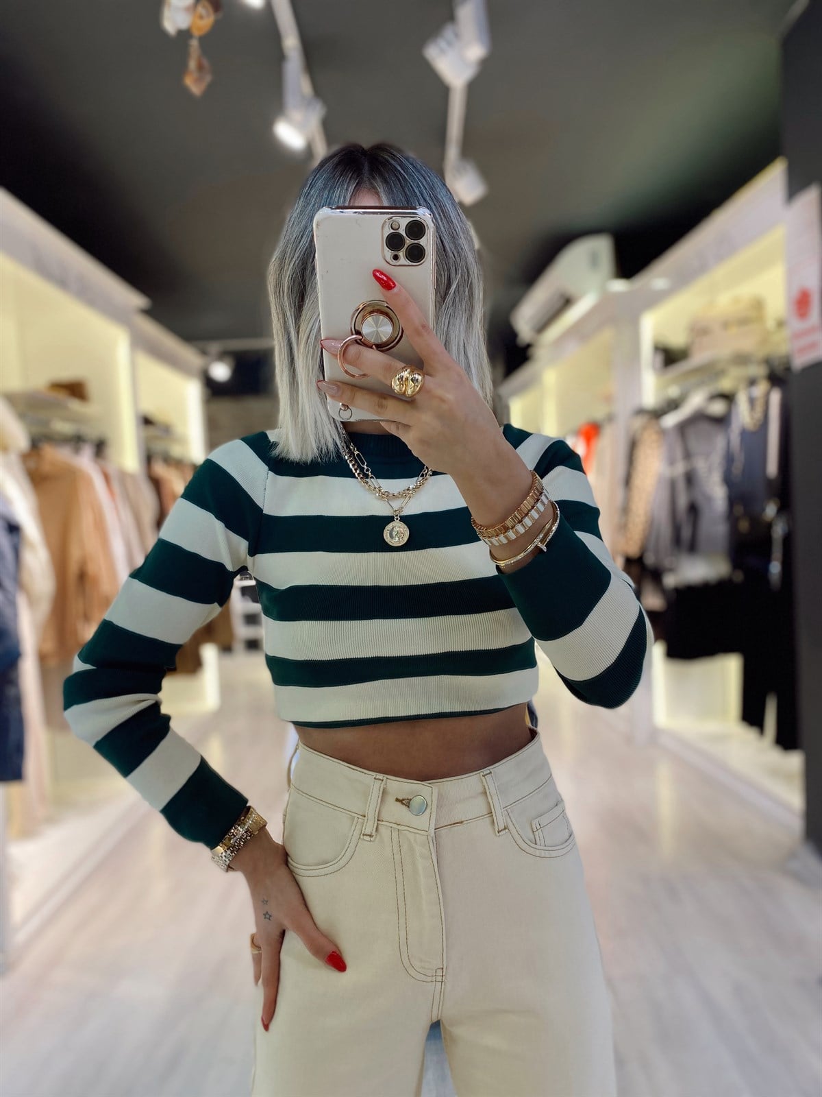 Ekru Yeşil Çizgili Crop Triko