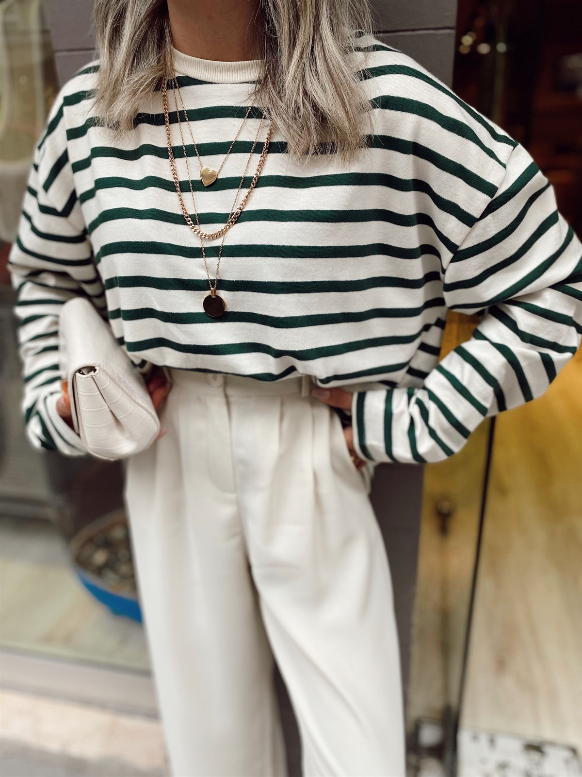 Ekru Yeşil Çizgili İnce Sweat