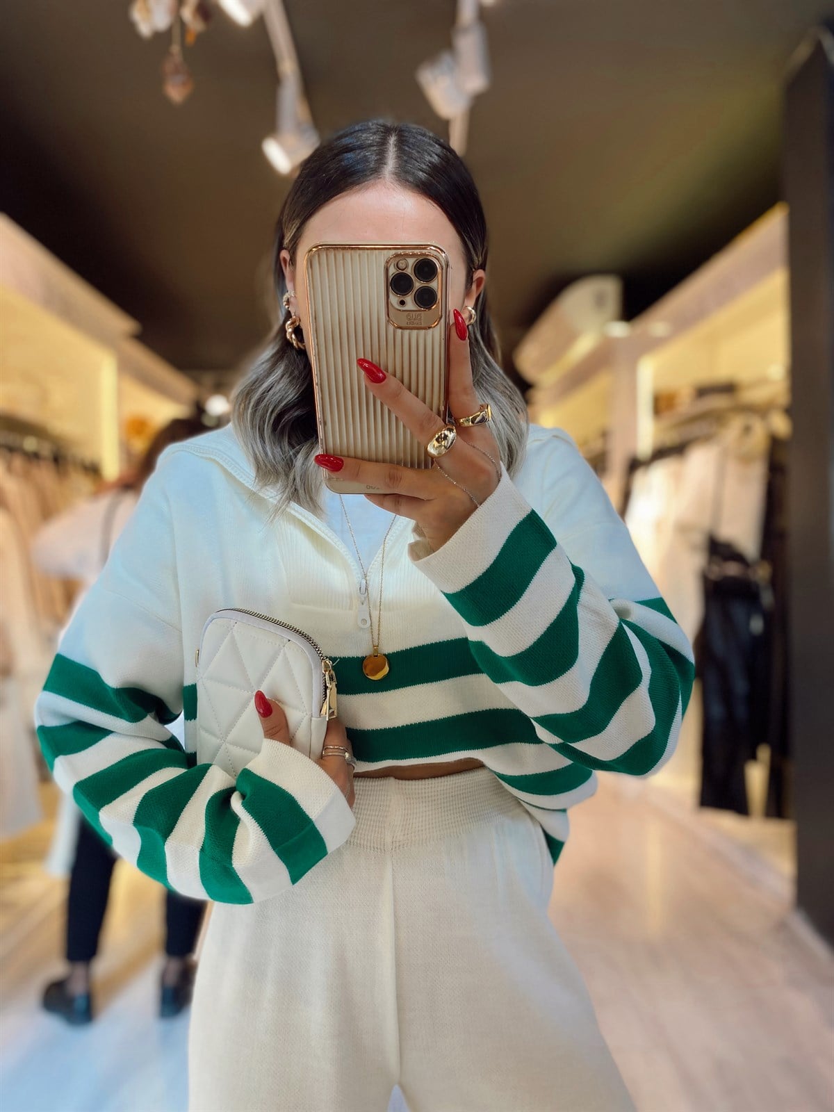 Ekru Yeşil Fermuarlı Triko Sweat