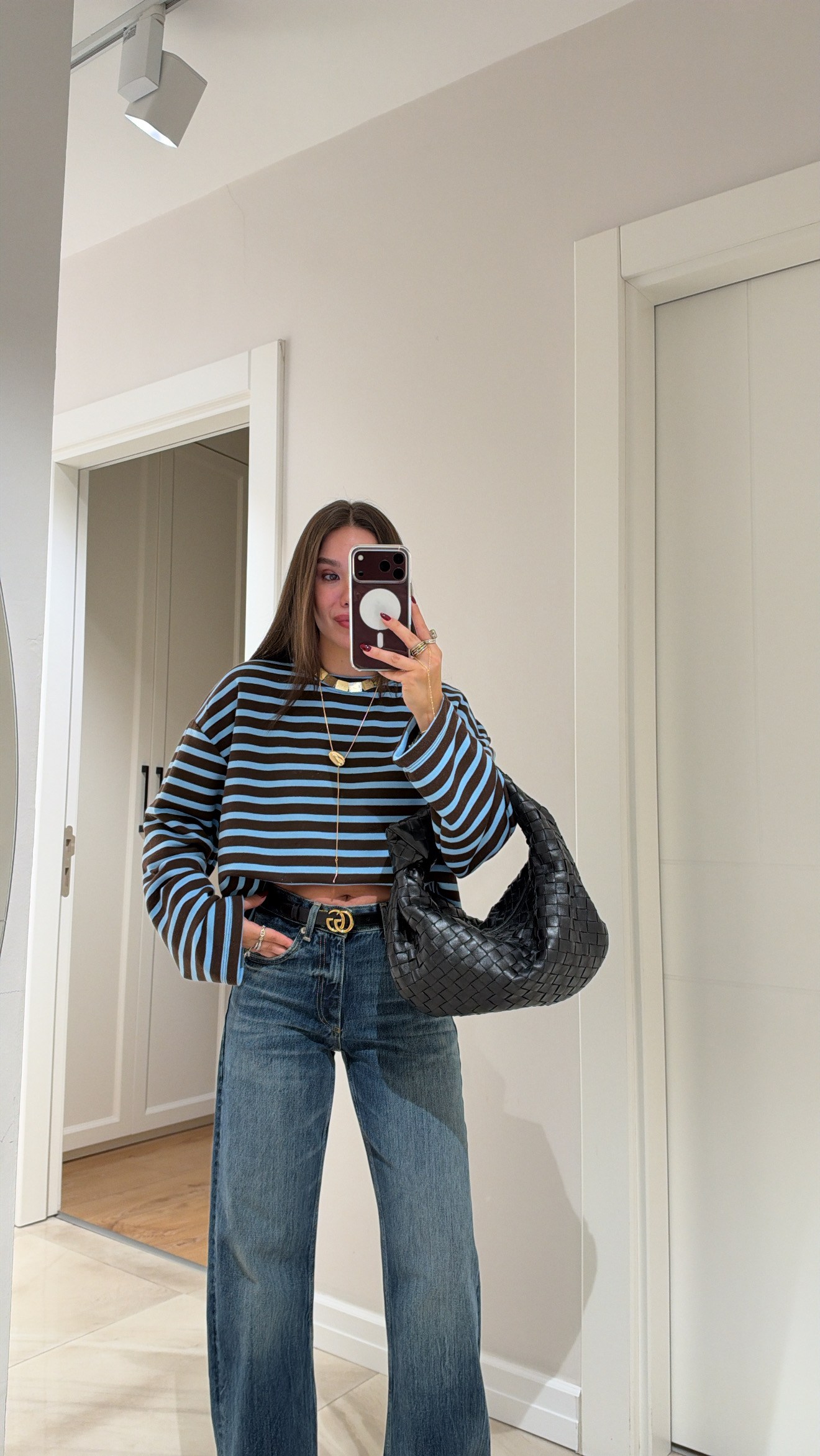Kahve Mavi Çizgili Bisiklet Yaka Basic Sweatshirt