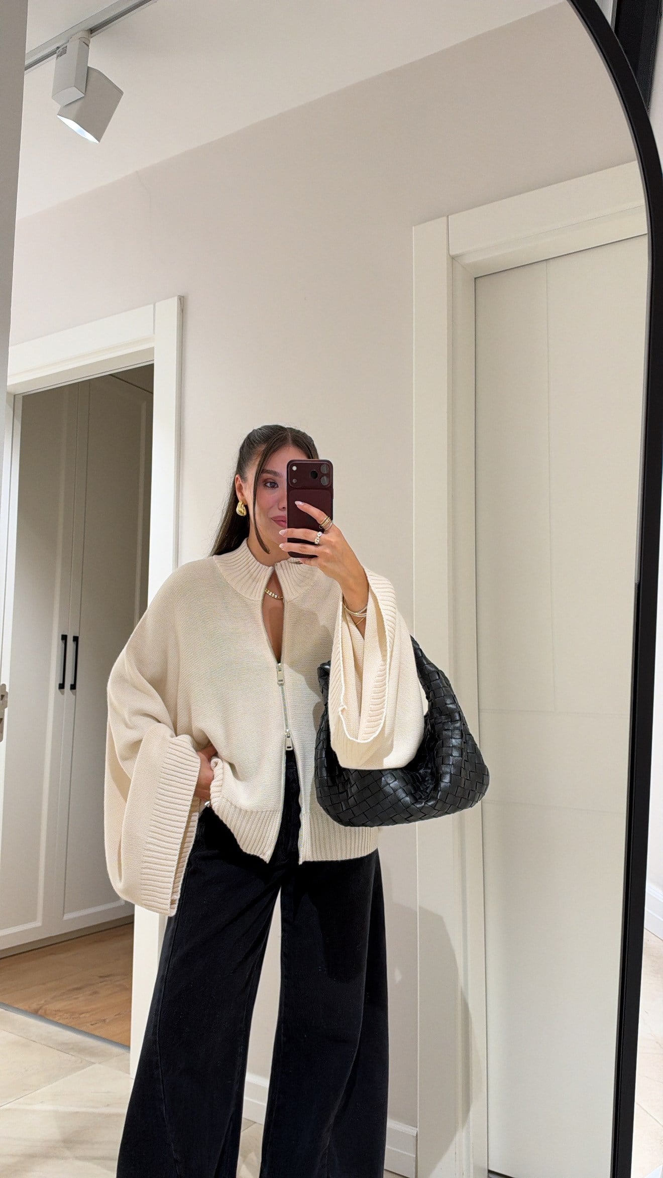 Ekru Fermuarlı Yarasa Kol Marka Model Triko Hırka