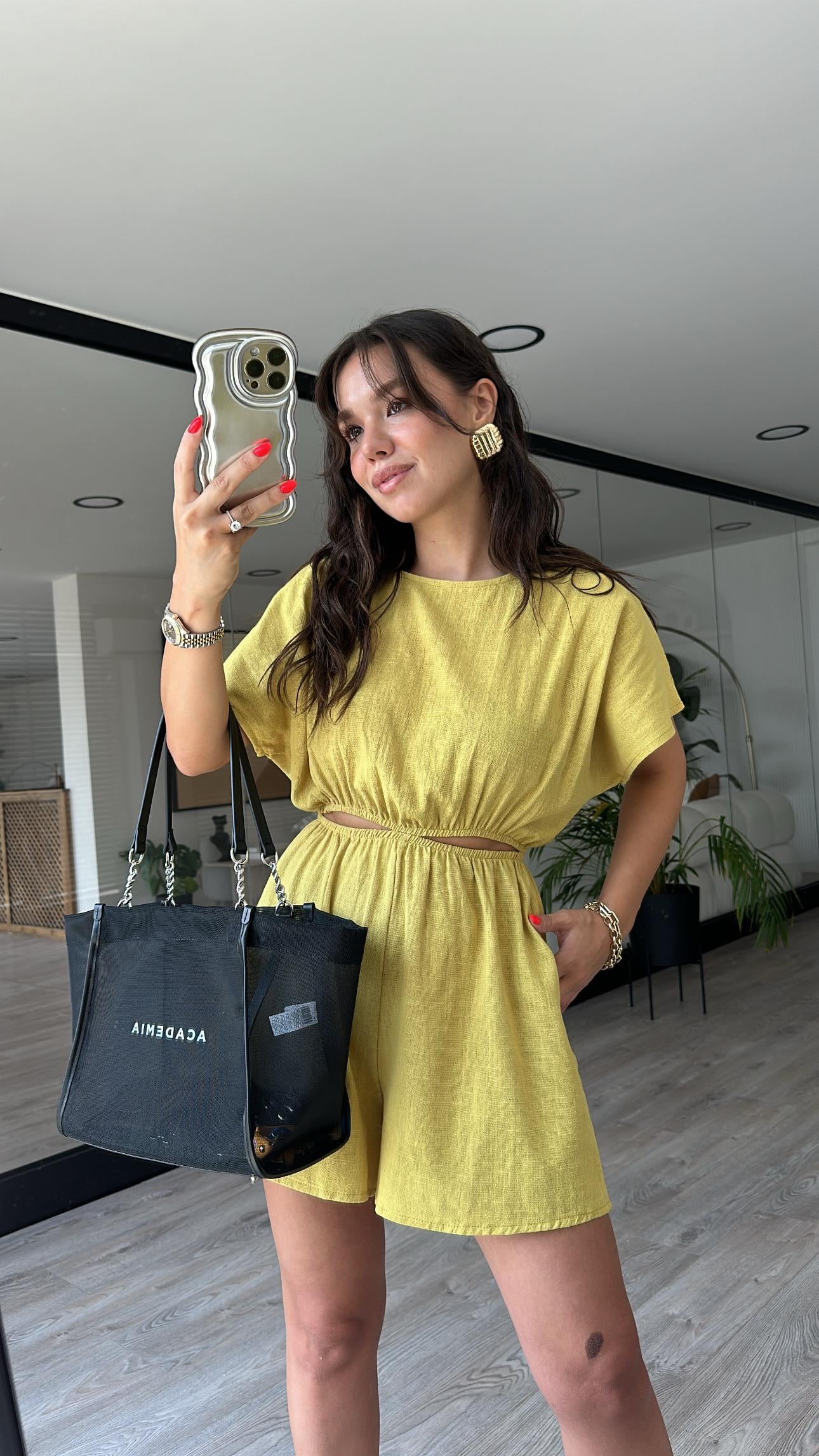 Fıstık Yeşili Bel Dekolteli Keten Tulum 