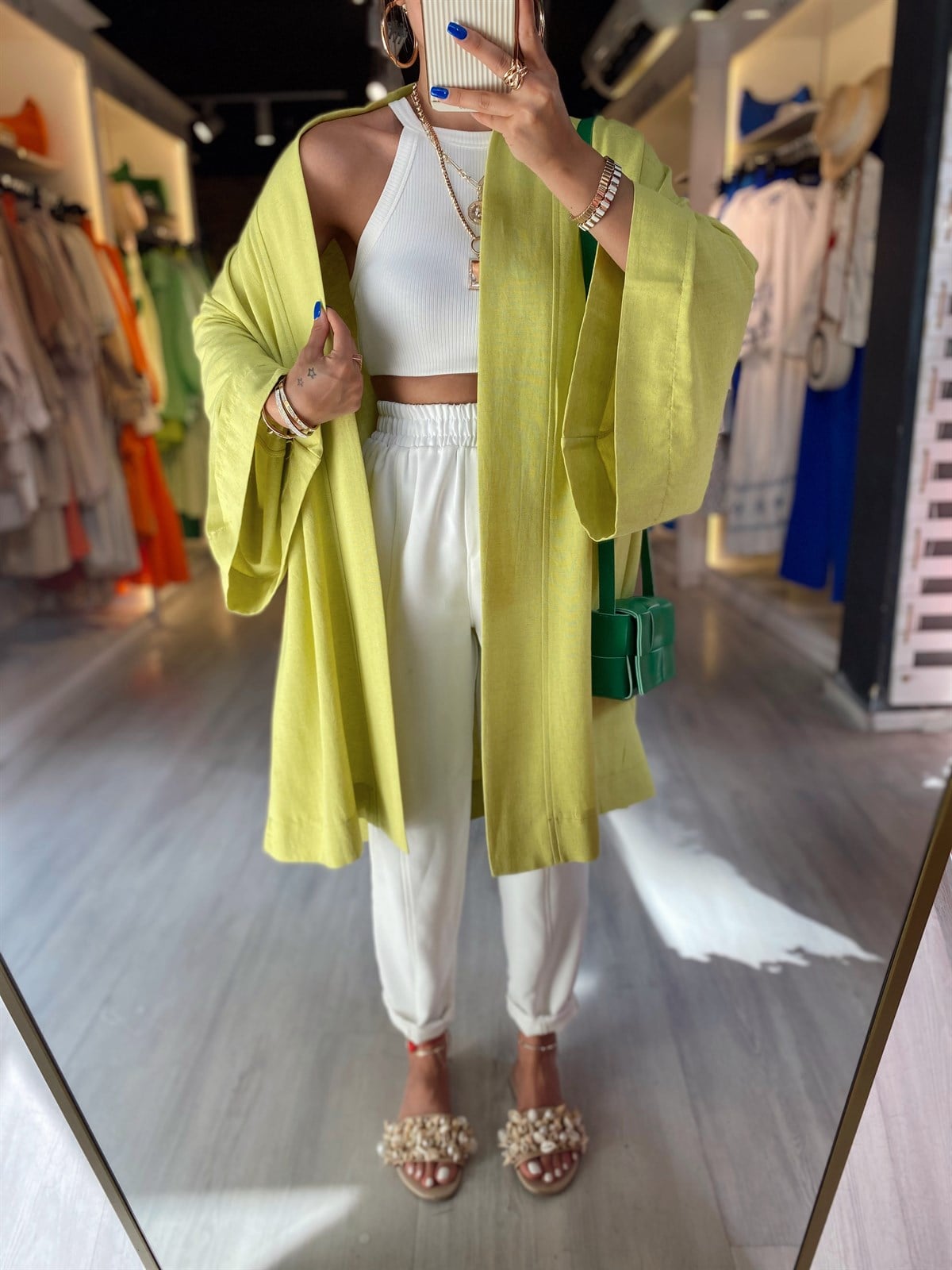 Fıstık Yeşili Kuşaklı Kısa Kimono